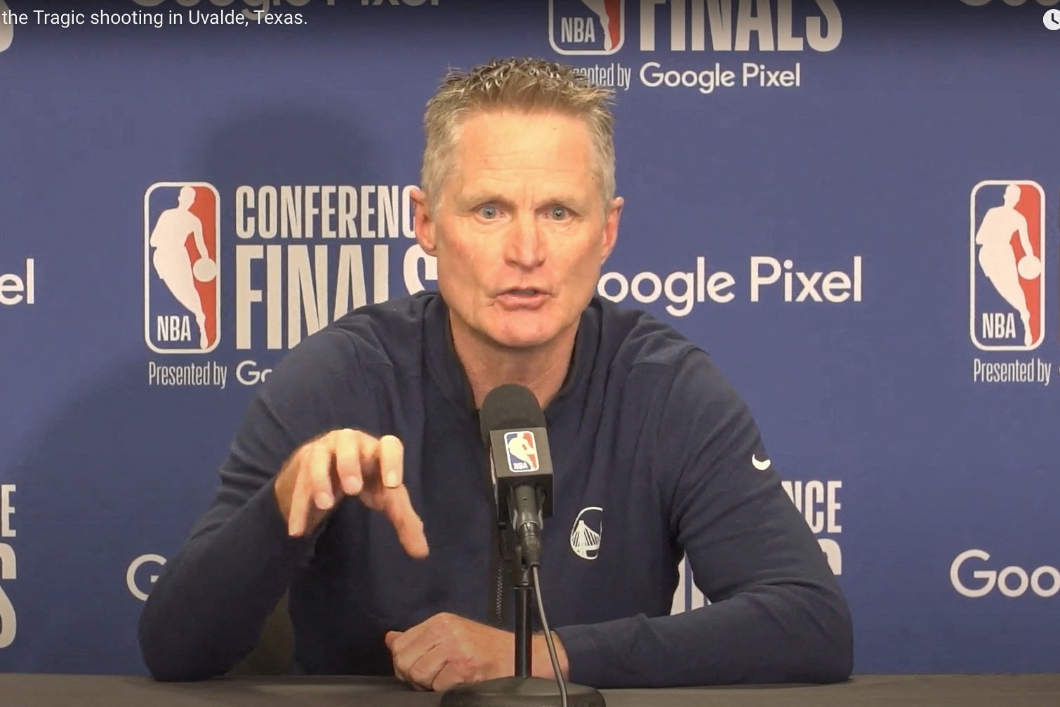 Golden State Warriors head coach Steve Kerr speaks about the Texas shooting at a news conference in Dallas