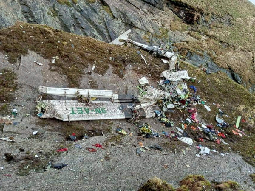 A general view of a Tara Air plane crash site during the rescue operation at Thasang