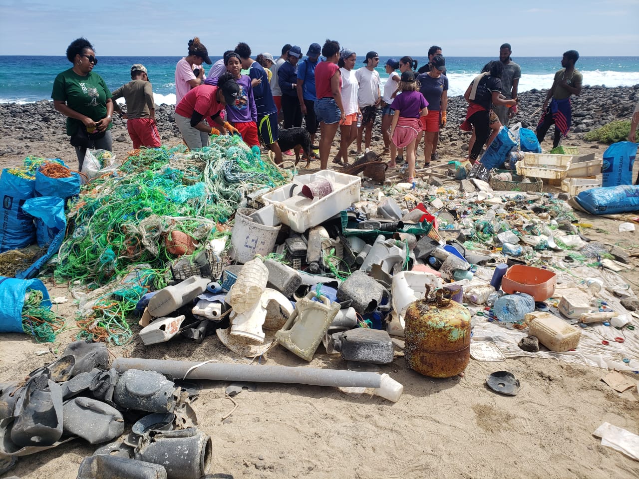 Bags made from discarded fishing nets found on the island of São Vincente, Cape Verde are seen on display