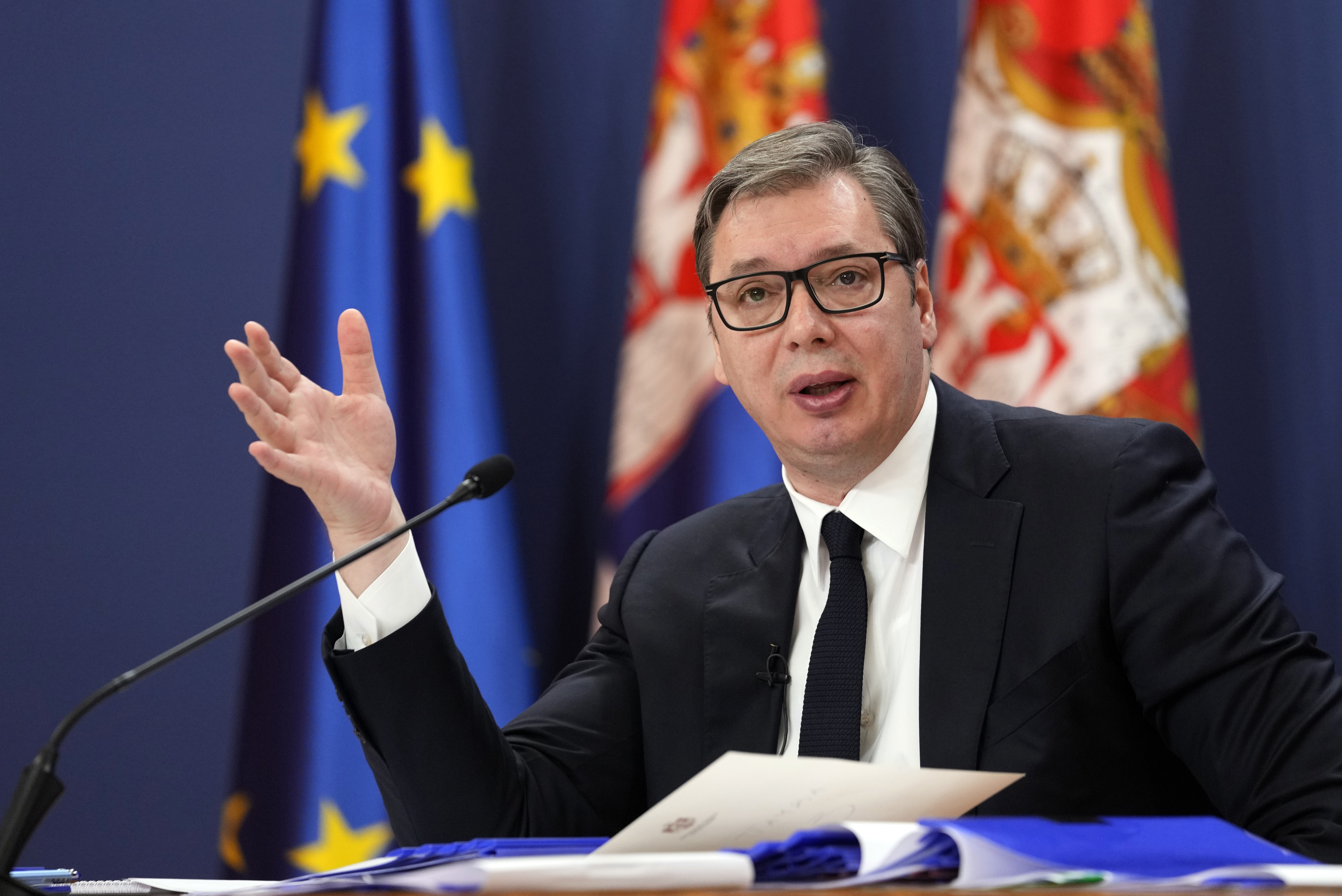 Serbian President Aleksandar Vucic addresses the nation at a news conference in Belgrade, Serbia