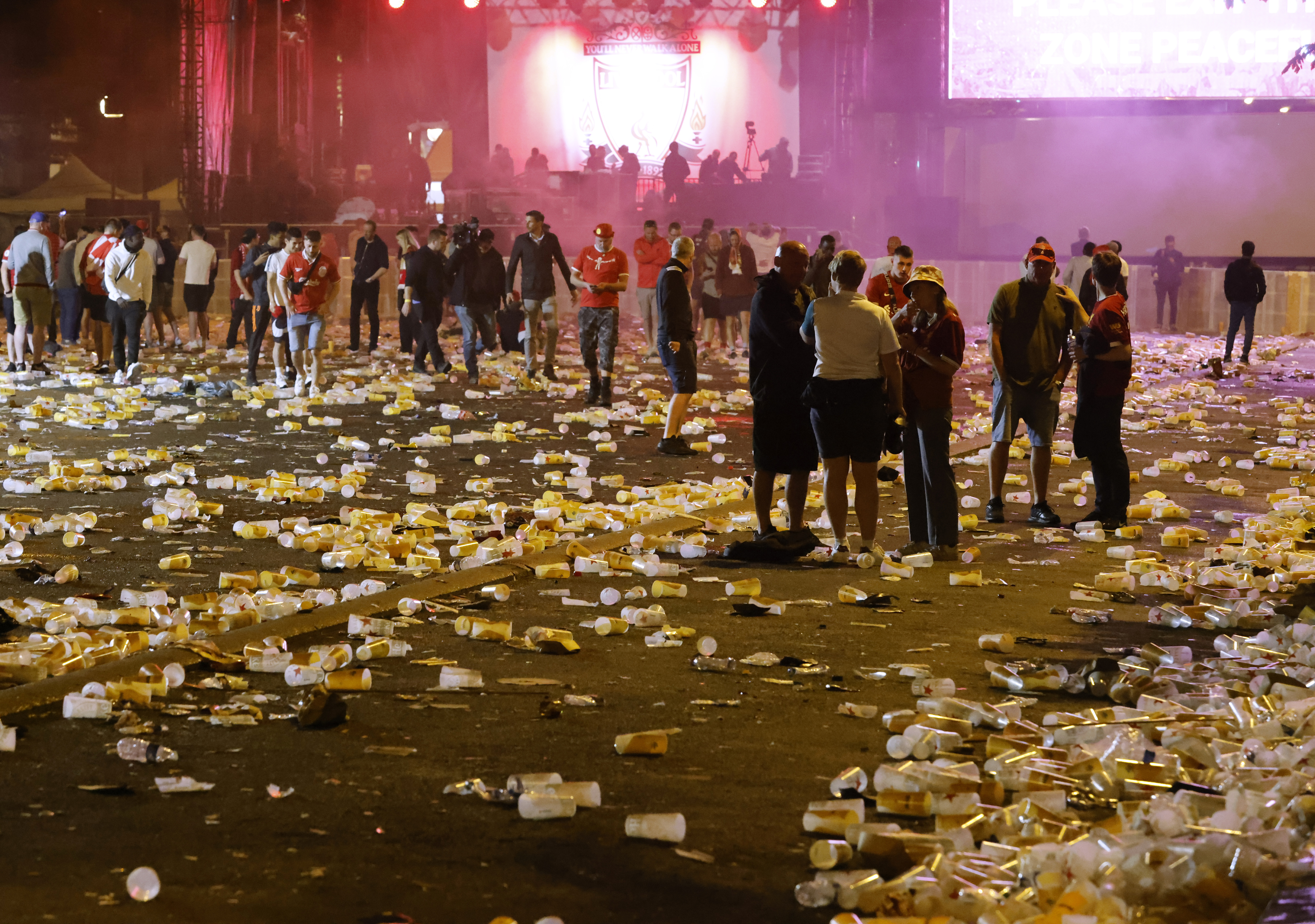 Liverpool fans after the Champions League final football match between Liverpool and Real Madrid at a fan park in Paris, France