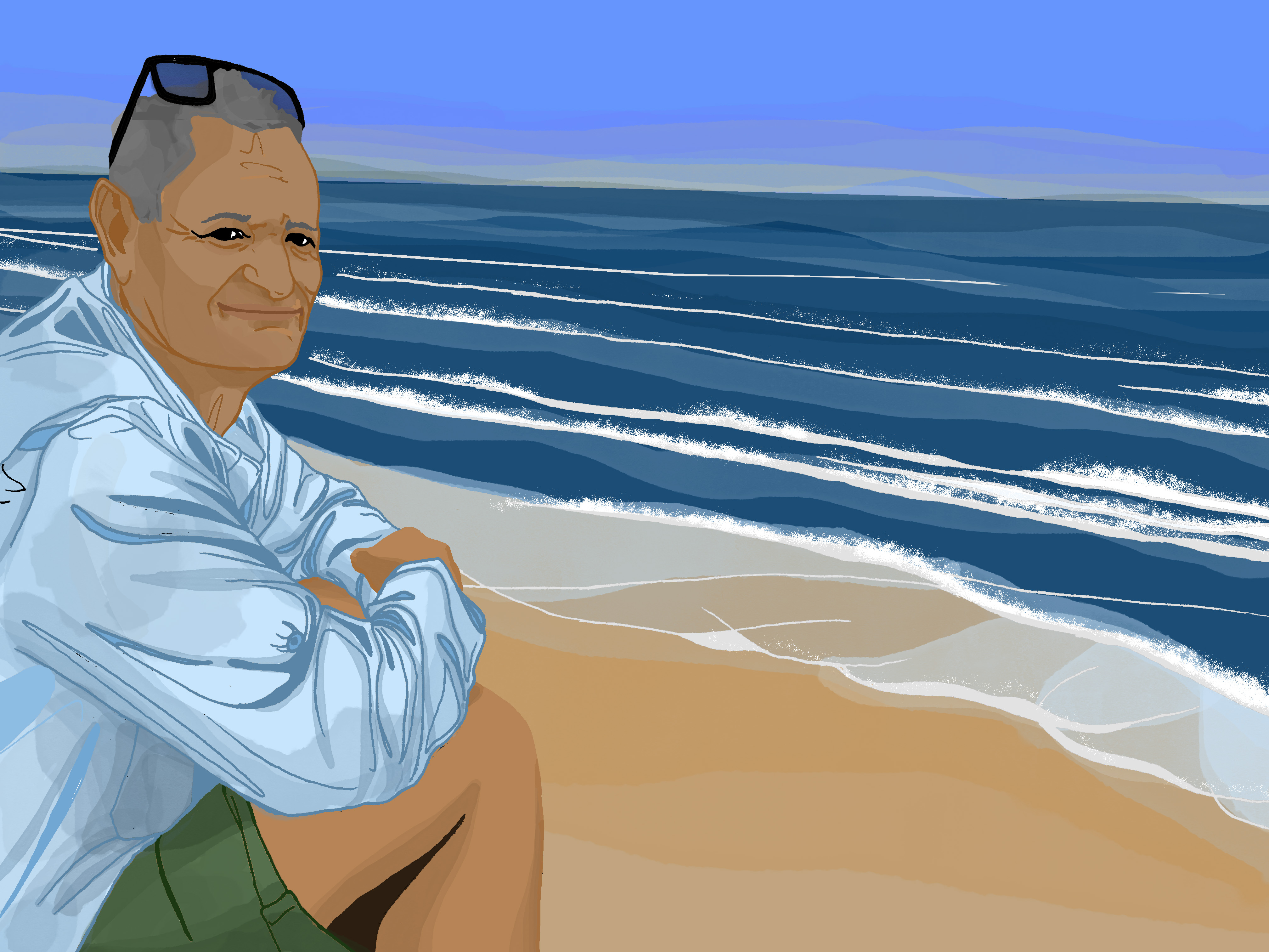A drawing of a man beside the ocean