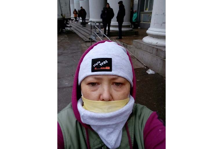 Natalya Kaluzhskaya outside the Philharmonic auditorium in Mariupol. 