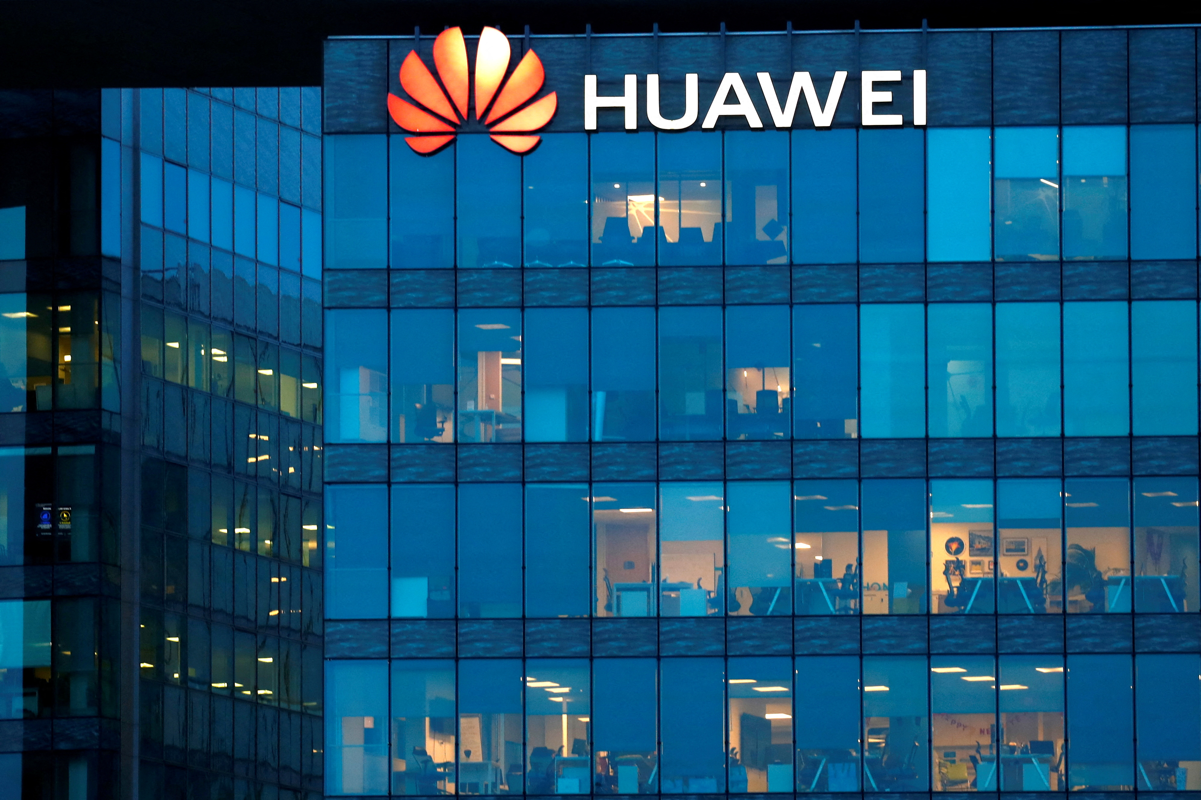 A view shows a Huawei logo at Huawei Technologies France headquarters in Boulogne-Billancourt near Paris, France