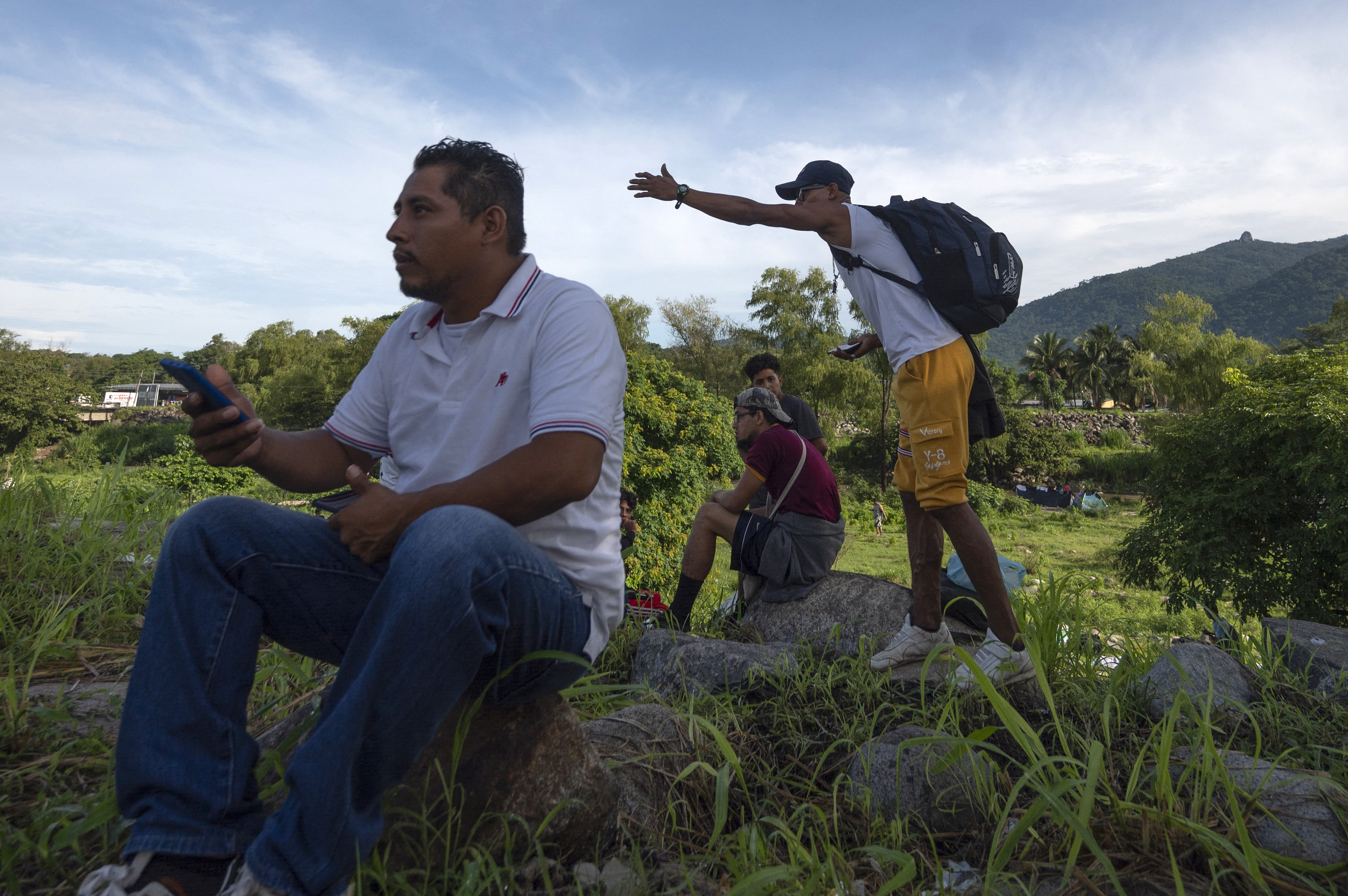 Nicaraguan migrants taking part in a caravan heading to the US, are seen at a makeshift camp in Huixtla