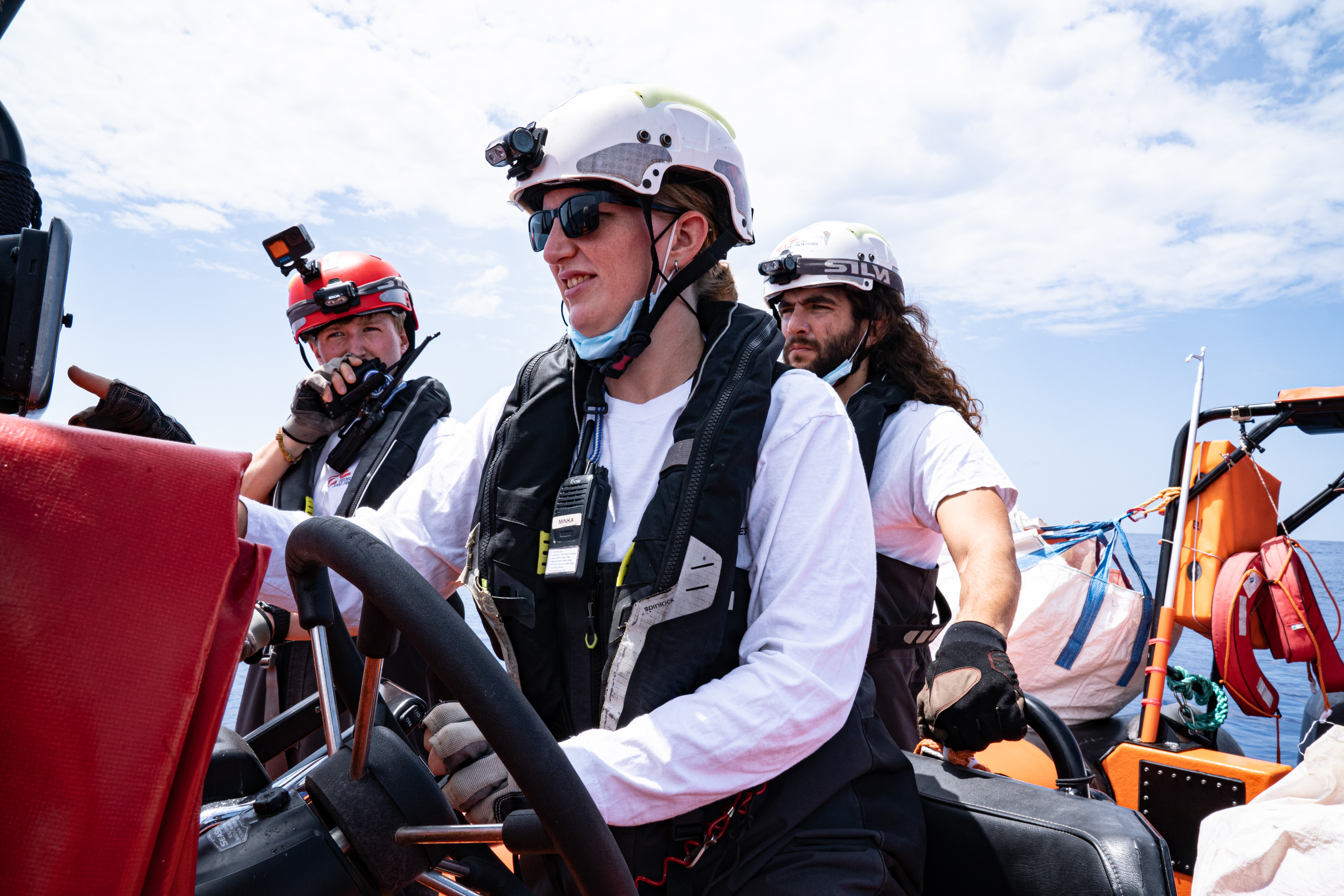 Rescuers on a boat in the Med sea