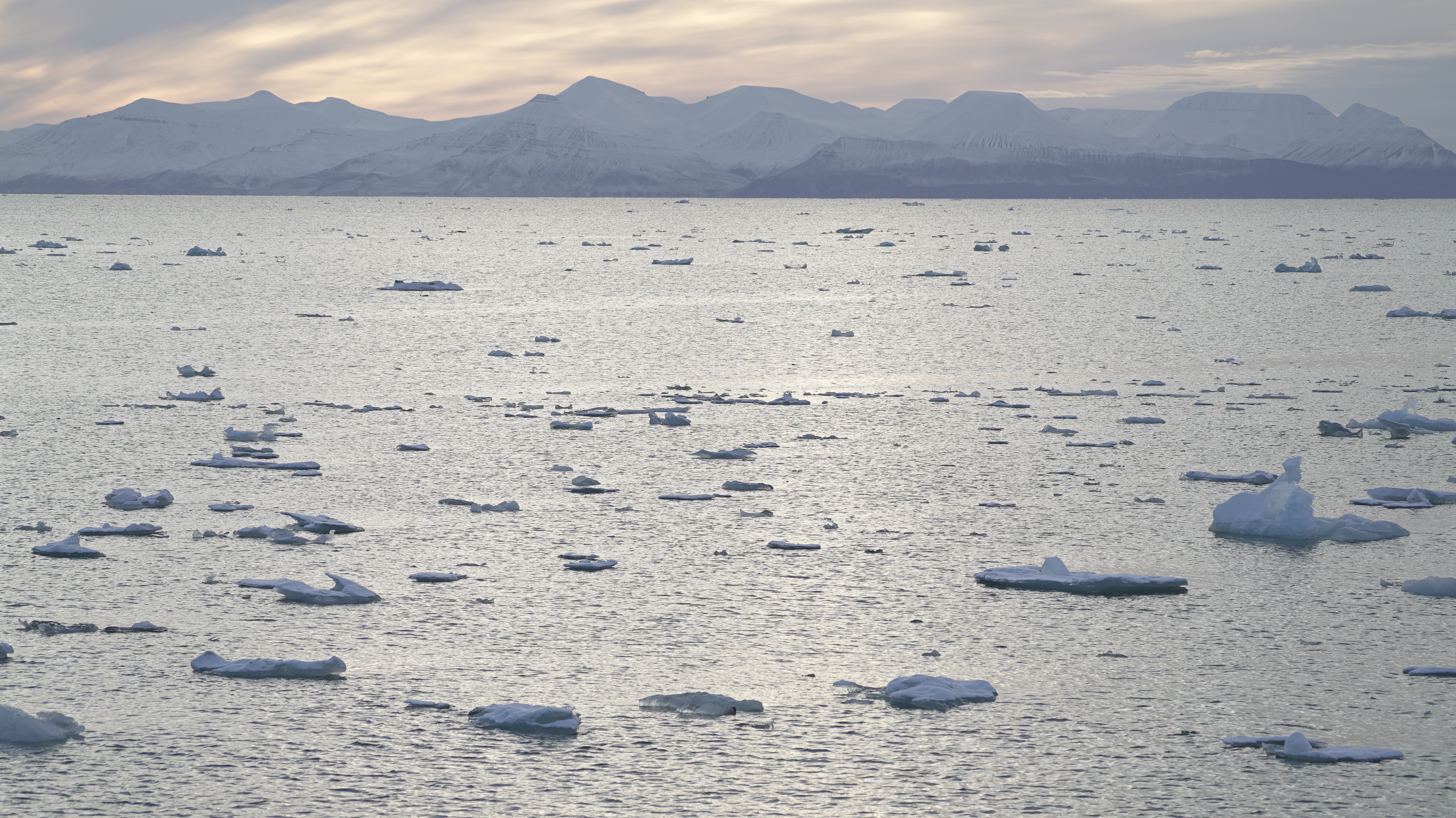 A view across Yoldiabukta Bay towards Spitsbergen island, part of the Svalbard archipelago in northern Norway