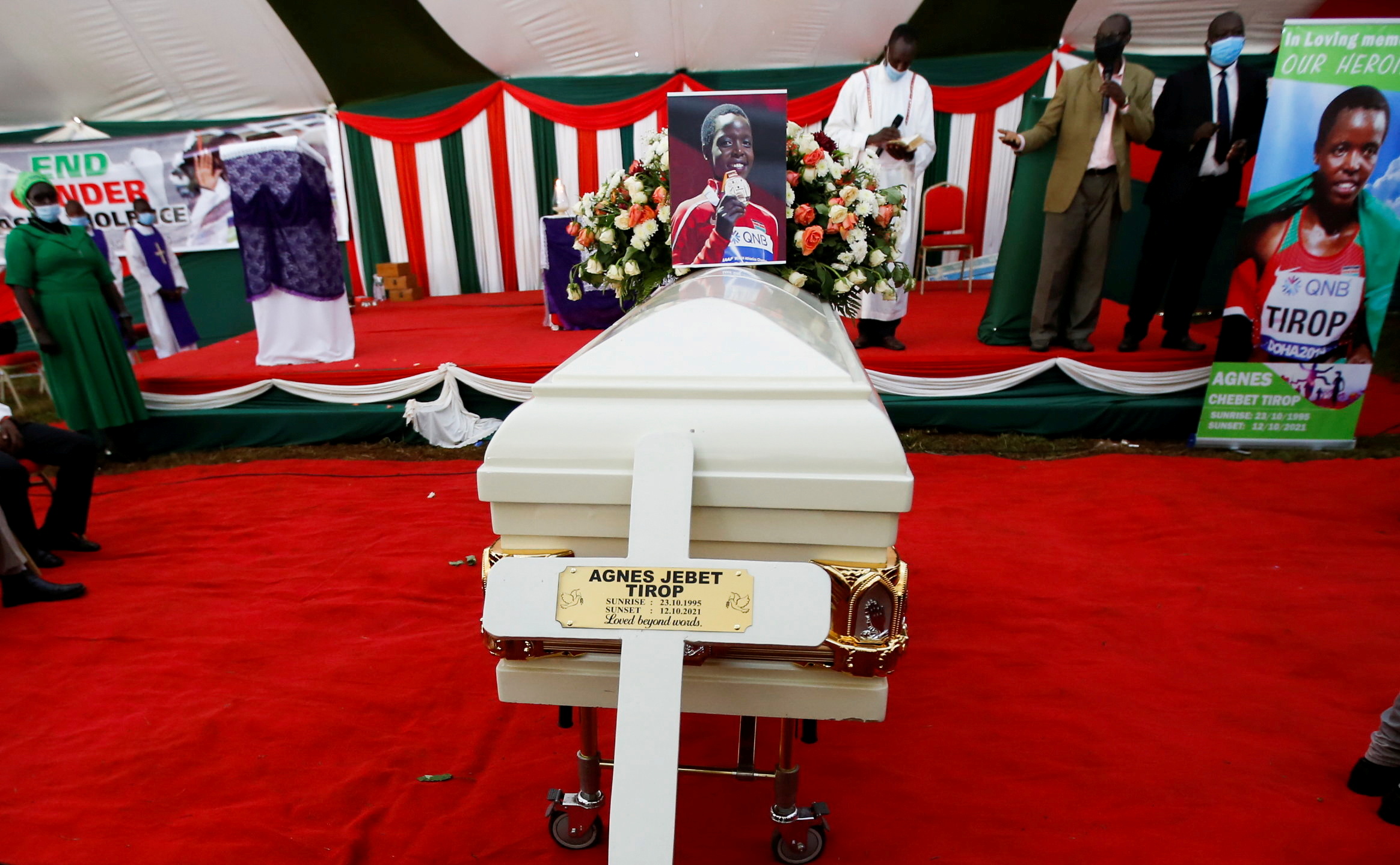 The coffin of long-distance runner Agnes Tirop is seen during her funeral service at Kapnyamisa village, Nandi county, Kenya.