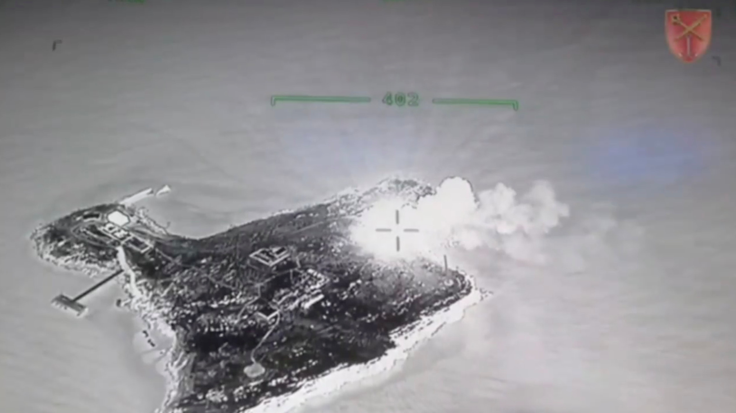 A screengrab from a drone video shows shows fire on Snake Island, Ukraine