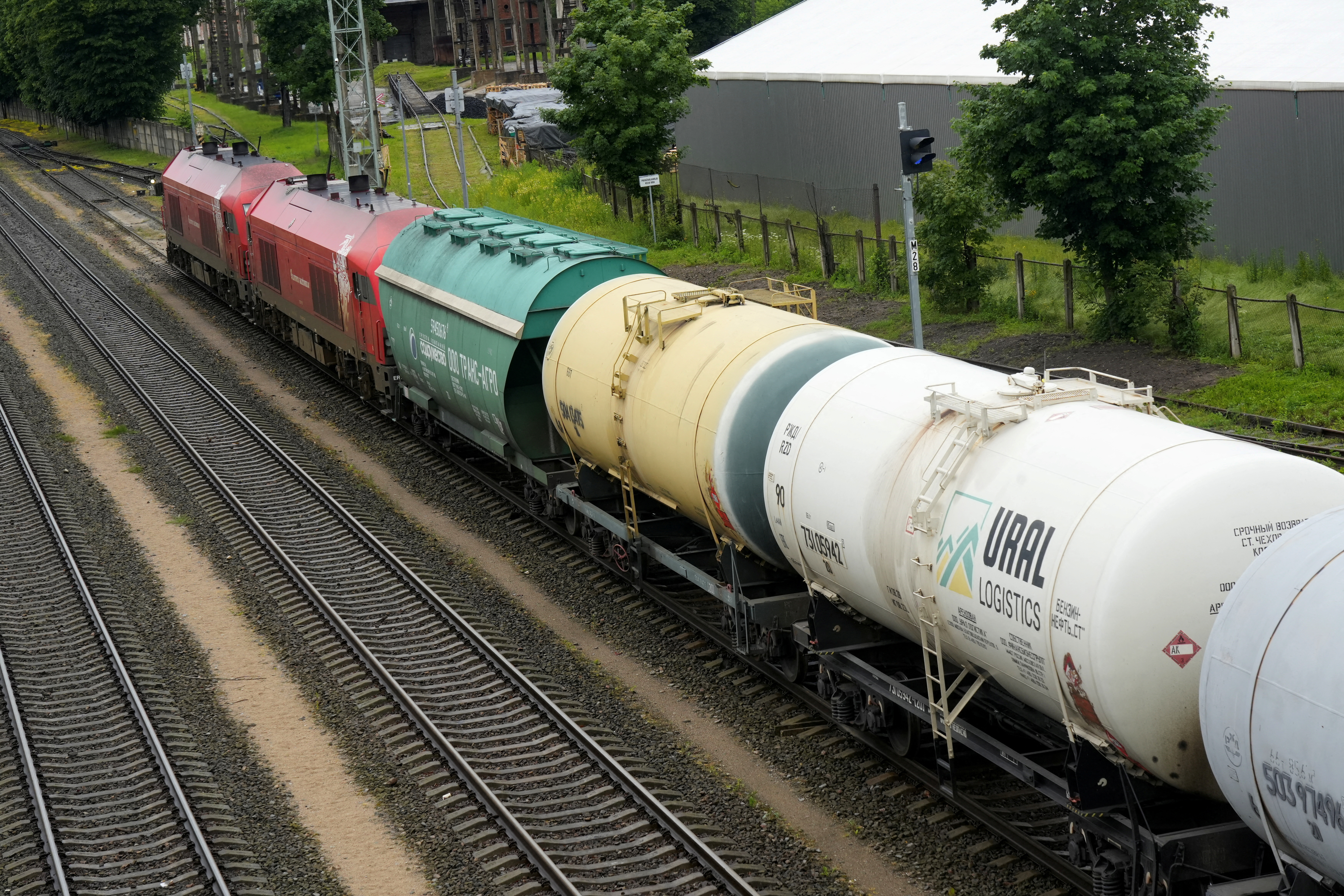Freight train wagons from Russian enclave Kaliningrad are seen at the border railway station in Kybartai,