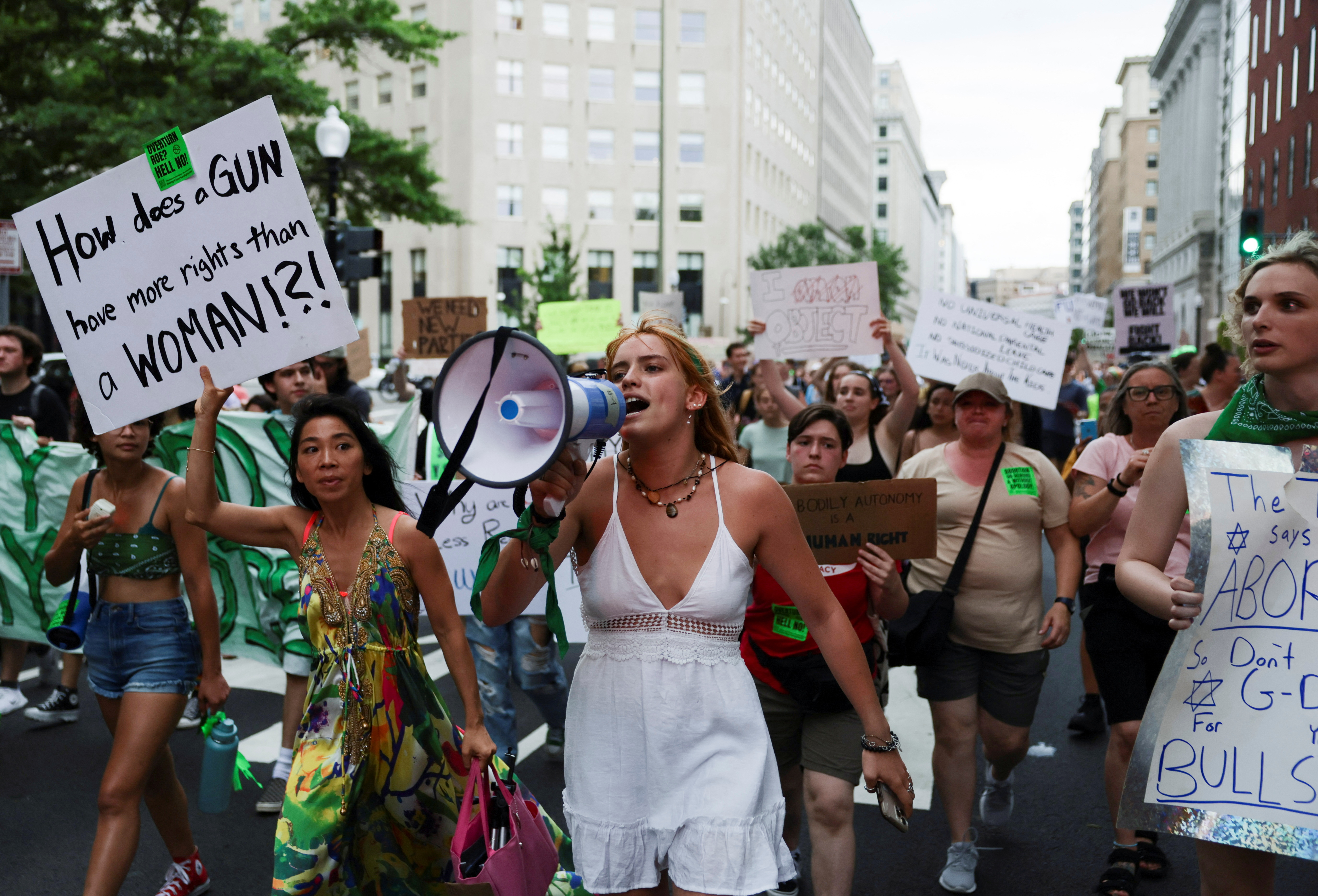Abortion rights supporters march during a protest after the United States Supreme Court ruled in the Dobbs v Women's Health Organization abortion case, overturning the landmark Roe v Wade abortion decision, in Washington, U.S.