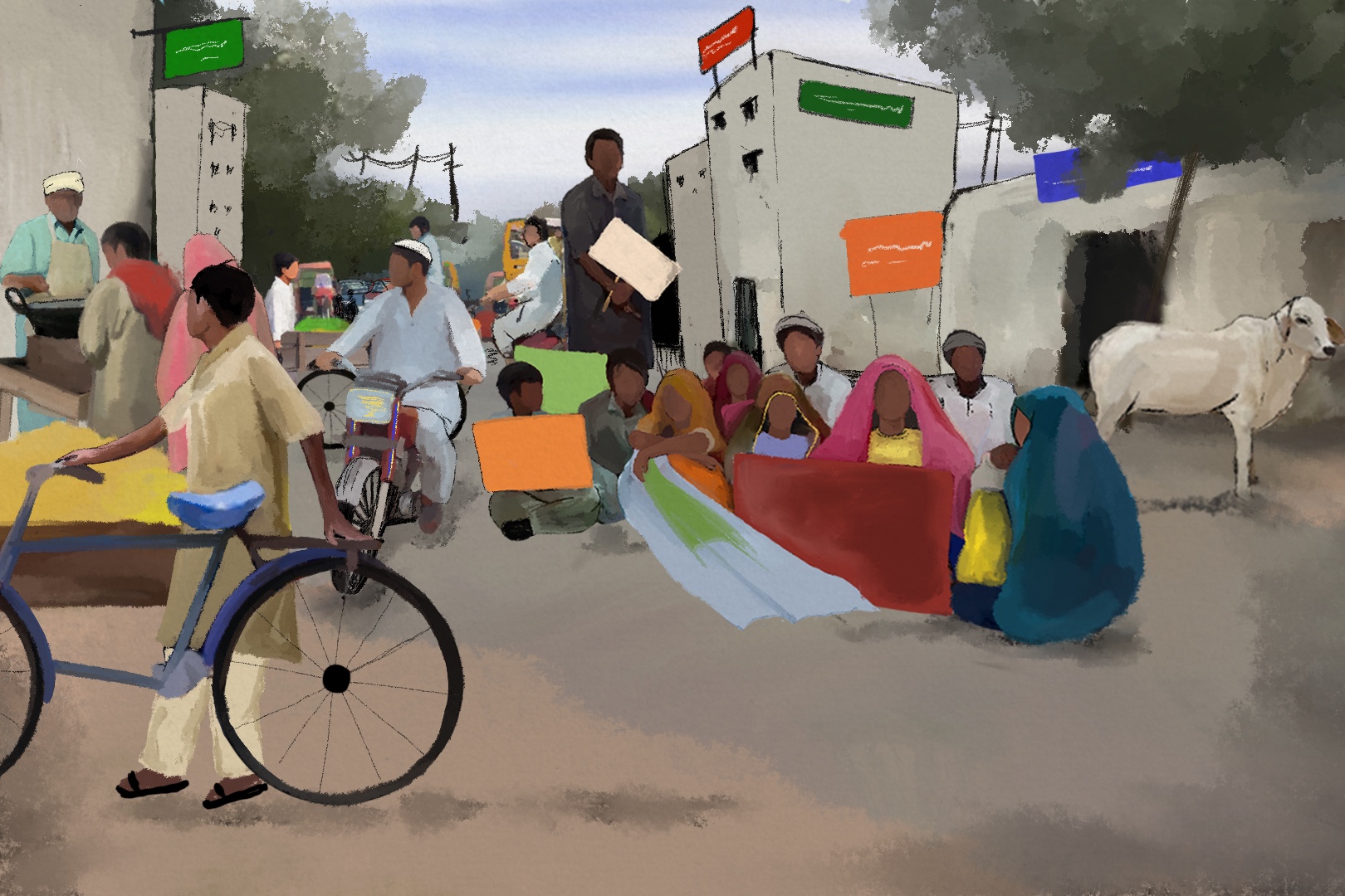 An illustration of a group of people sitting on the ground holding a large banner or flag and others holding signs in the middle of a busy street filled with people riding bicycles.