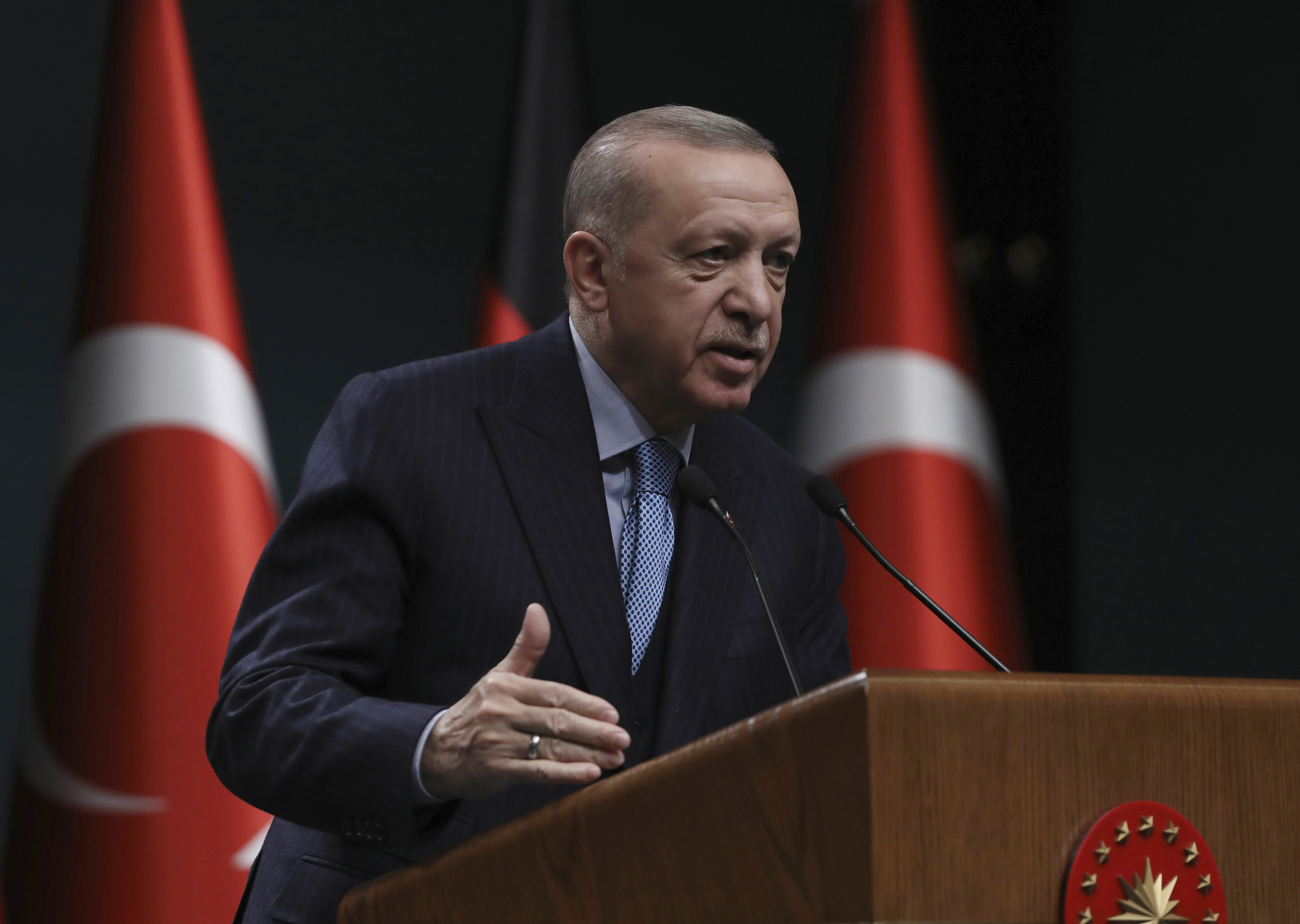 Turkey's President Recep Tayyip Erdogan speaks during a news conference, in Ankara, Turkey on May 14, 2022.