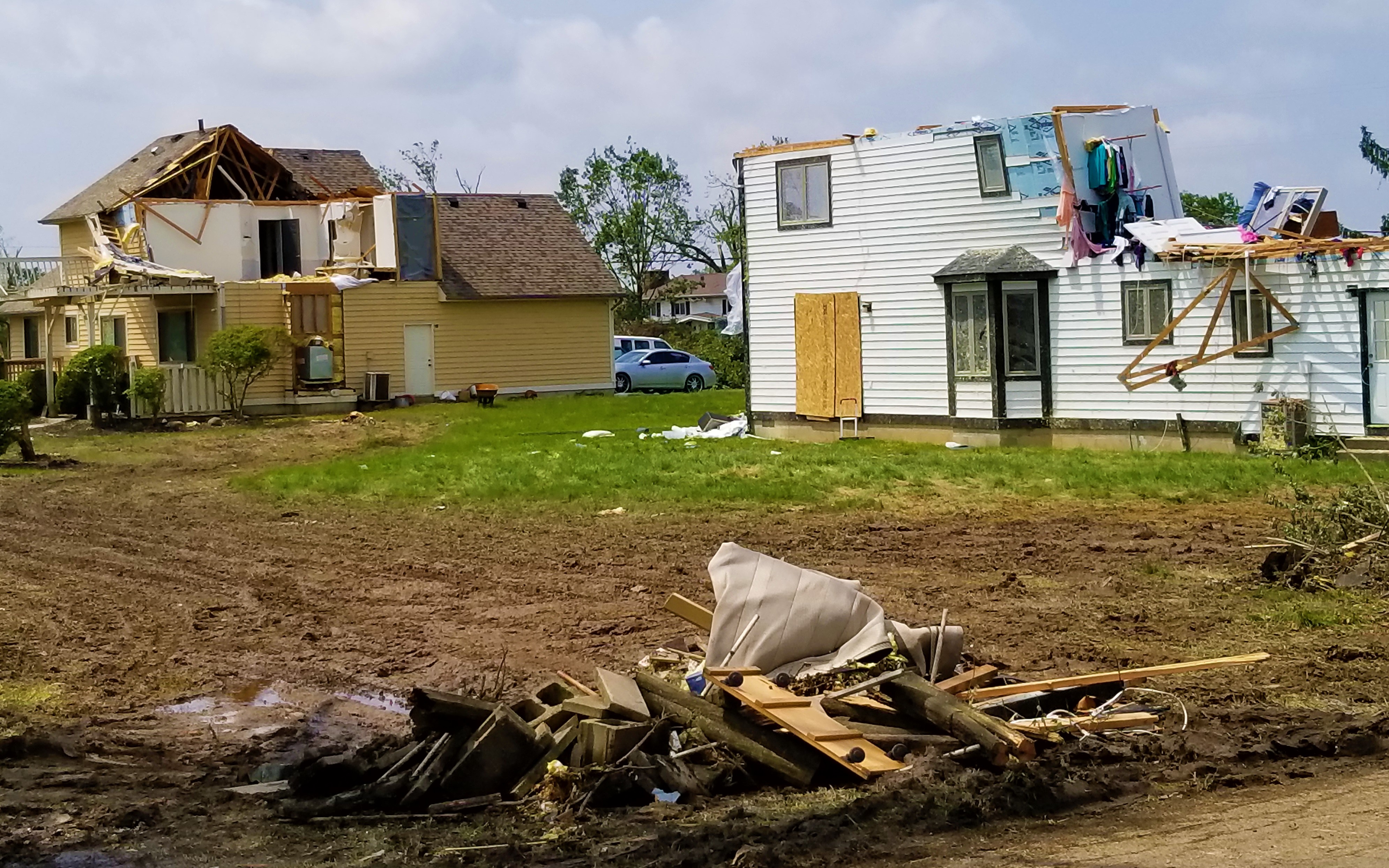 Damaged homes after a tornado in Ohio.
