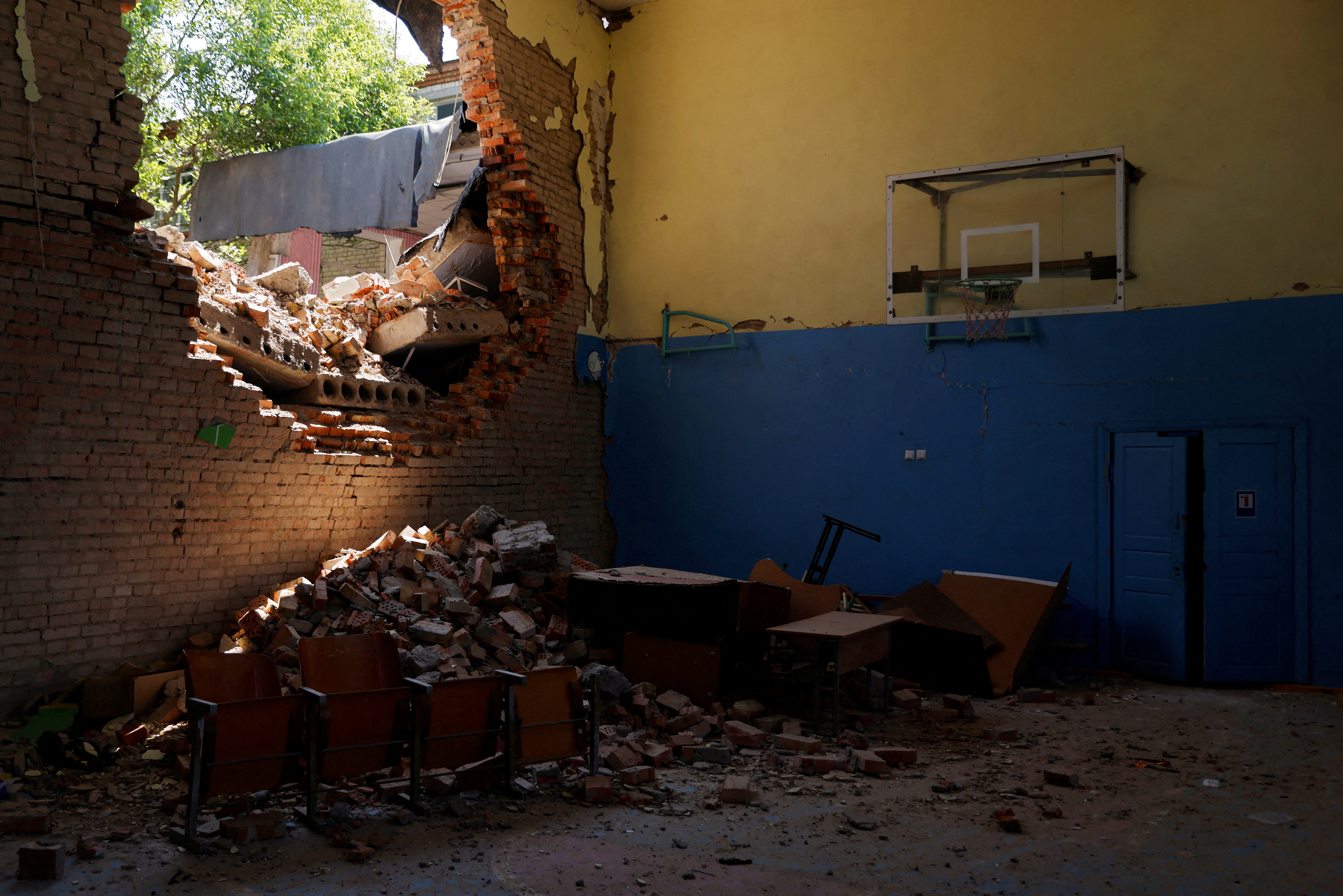 Damage to a school gymnasium that was shelled, in Mykolaiv region, Ukraine June 13, 2022