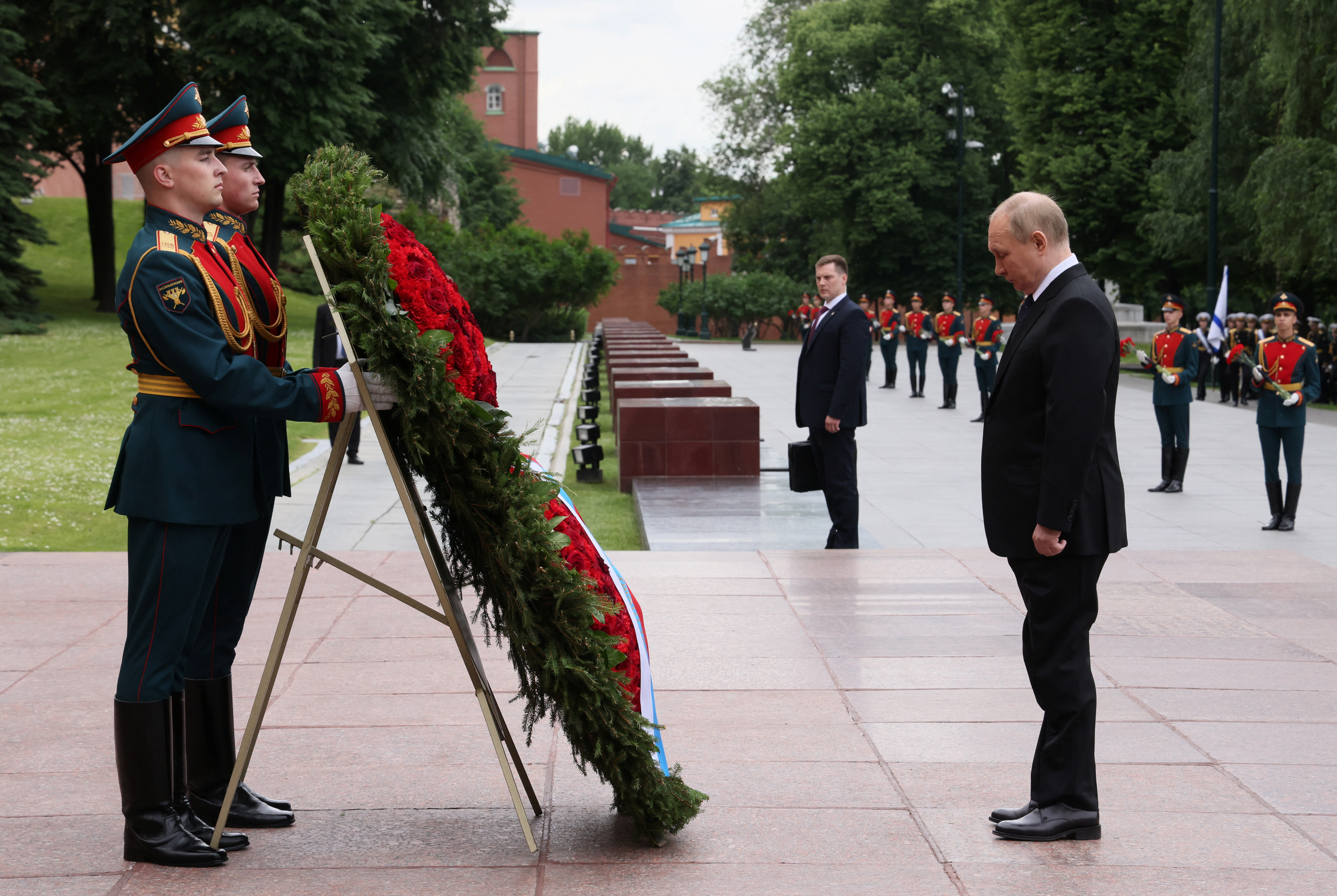 Russian President Vladimir Putin attends a wreath-laying ceremony in Moscow, Russia.