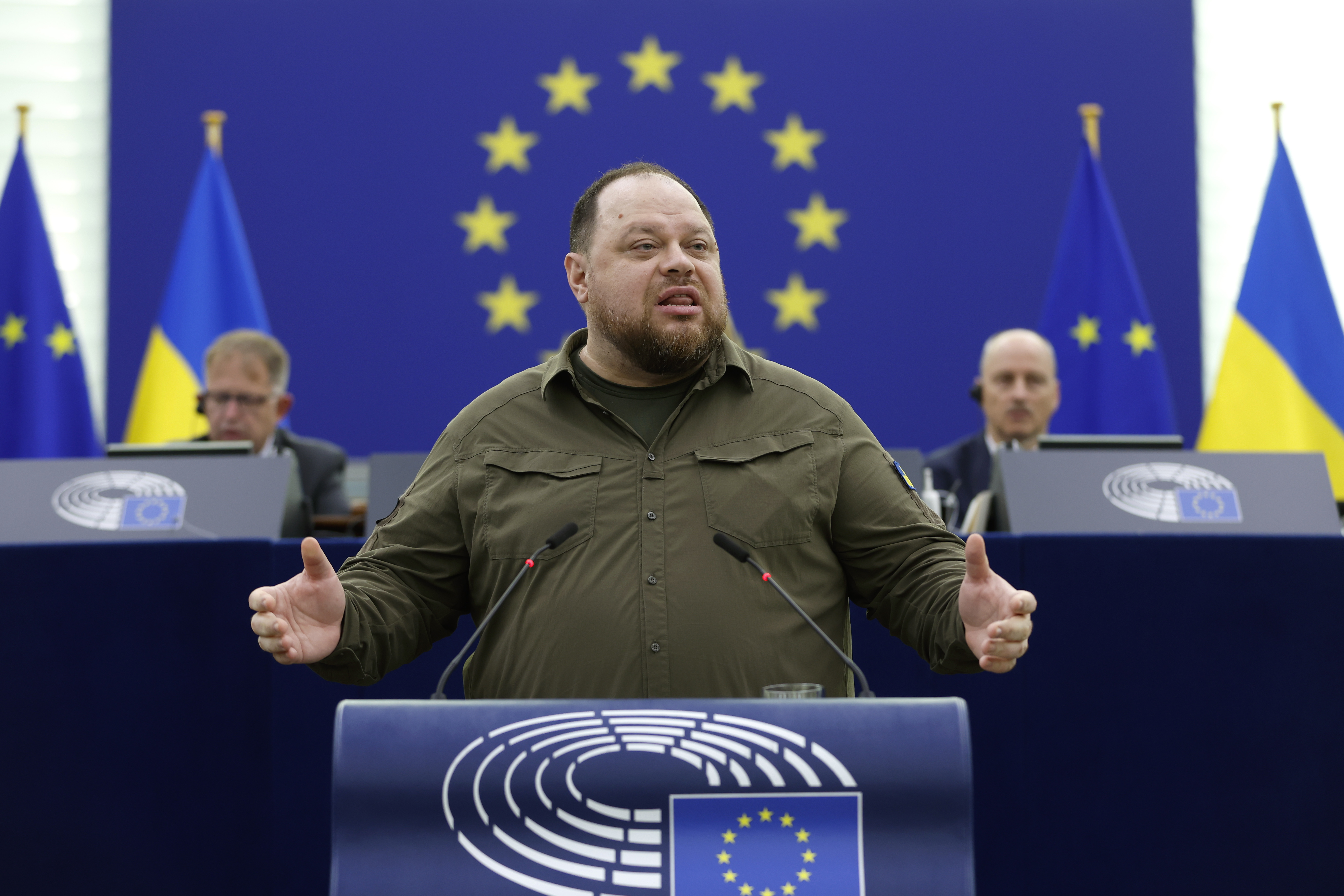 Chairman of the Verkhovna Rada (Ukrainian parliament) Ruslan Stefanchuk delivers a speech at the European Parliament.