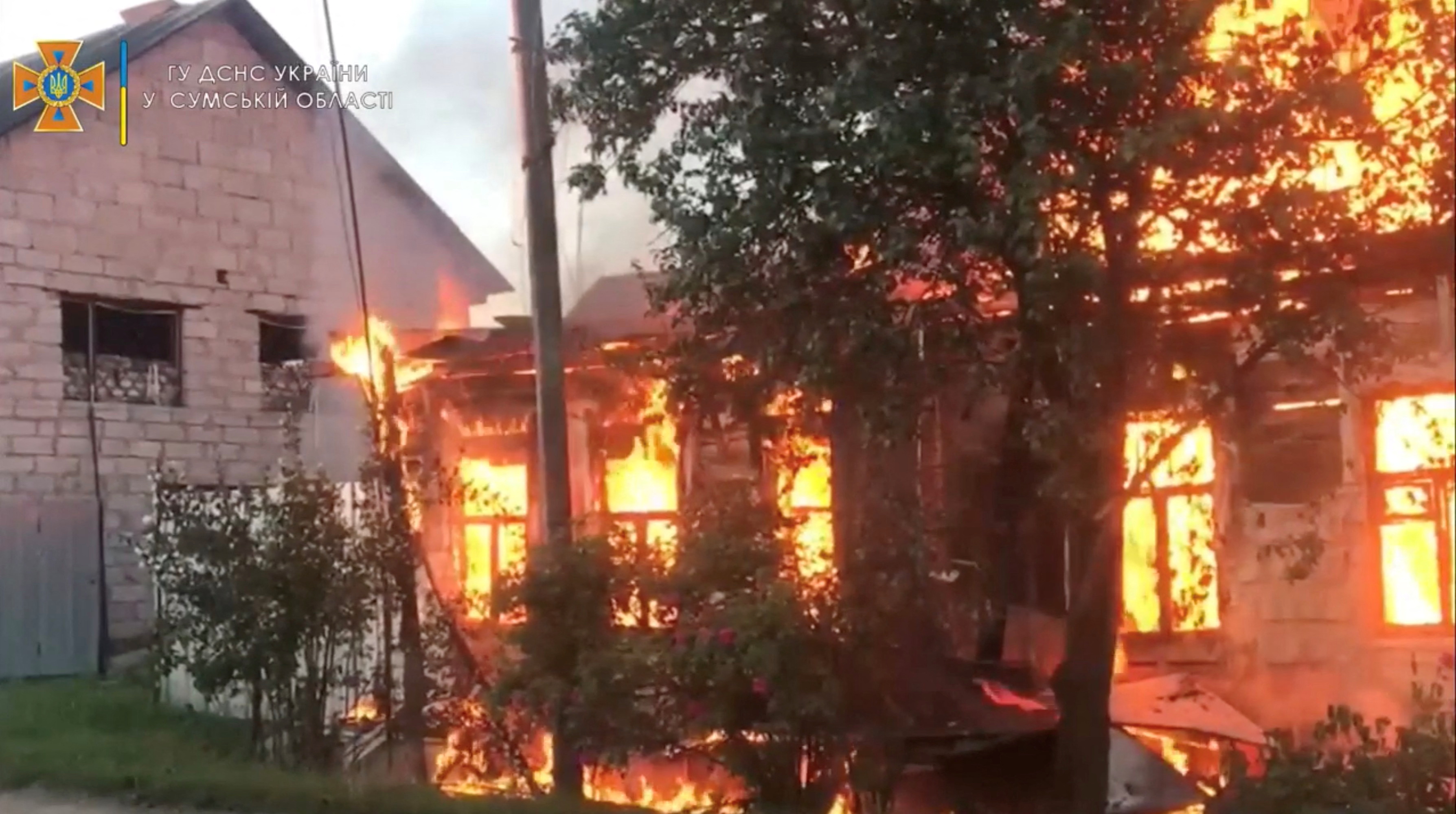 Fire burns in a building at a location given as Seredyna-Buda, Sumy region in Ukraine.