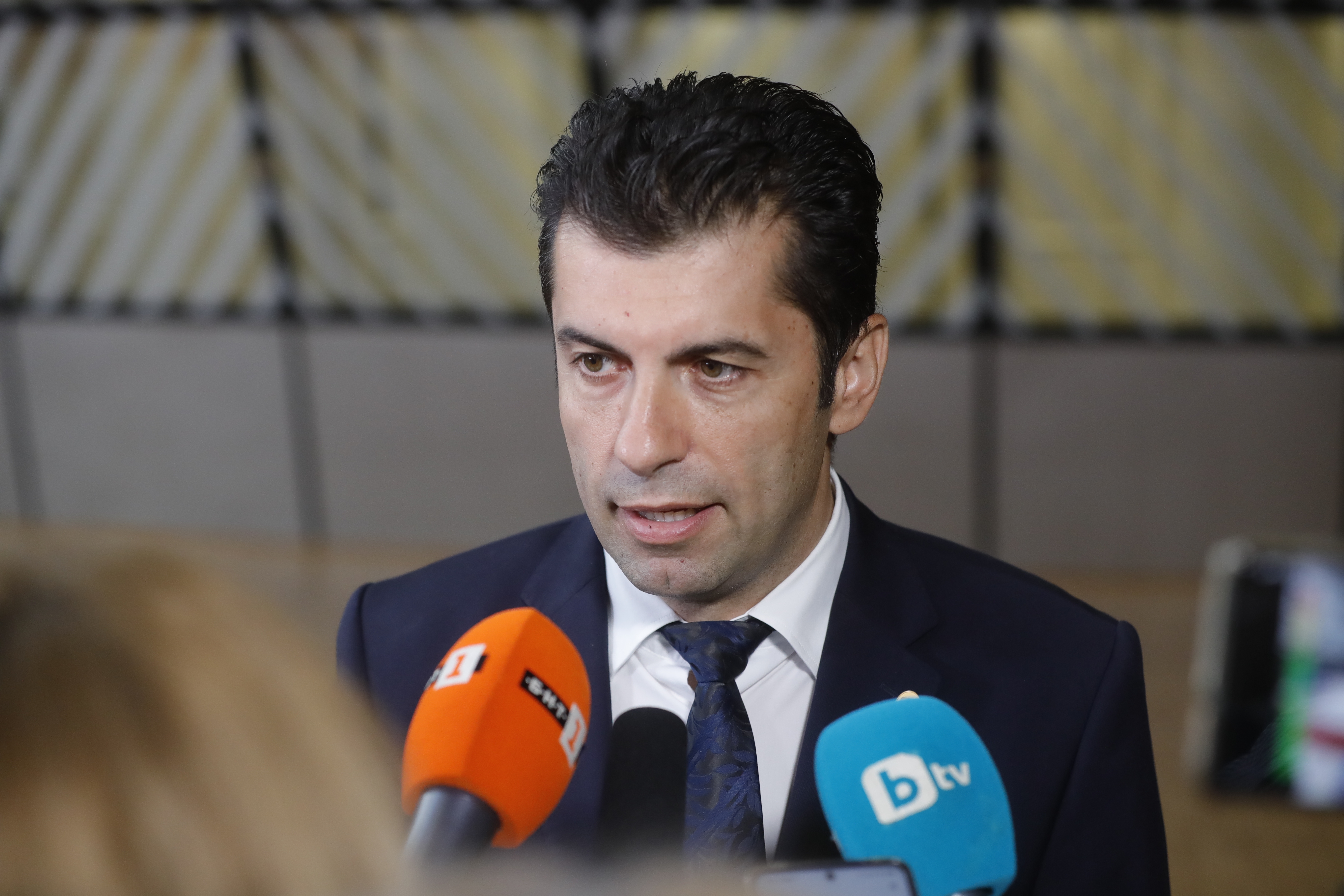 Bulgarian Prime Minister Kiril Petkov speaks to media as he arrives for an EU-Western Balkans leaders' meeting in Brussels, Belgium, 23 June 2022. The progress on EU integration and the challenges which the Western Balkans countries face in connection to the Russian invasion of Ukraine are topping the agenda when EU and Western Balkan leaders meet prior a European Council meeting.