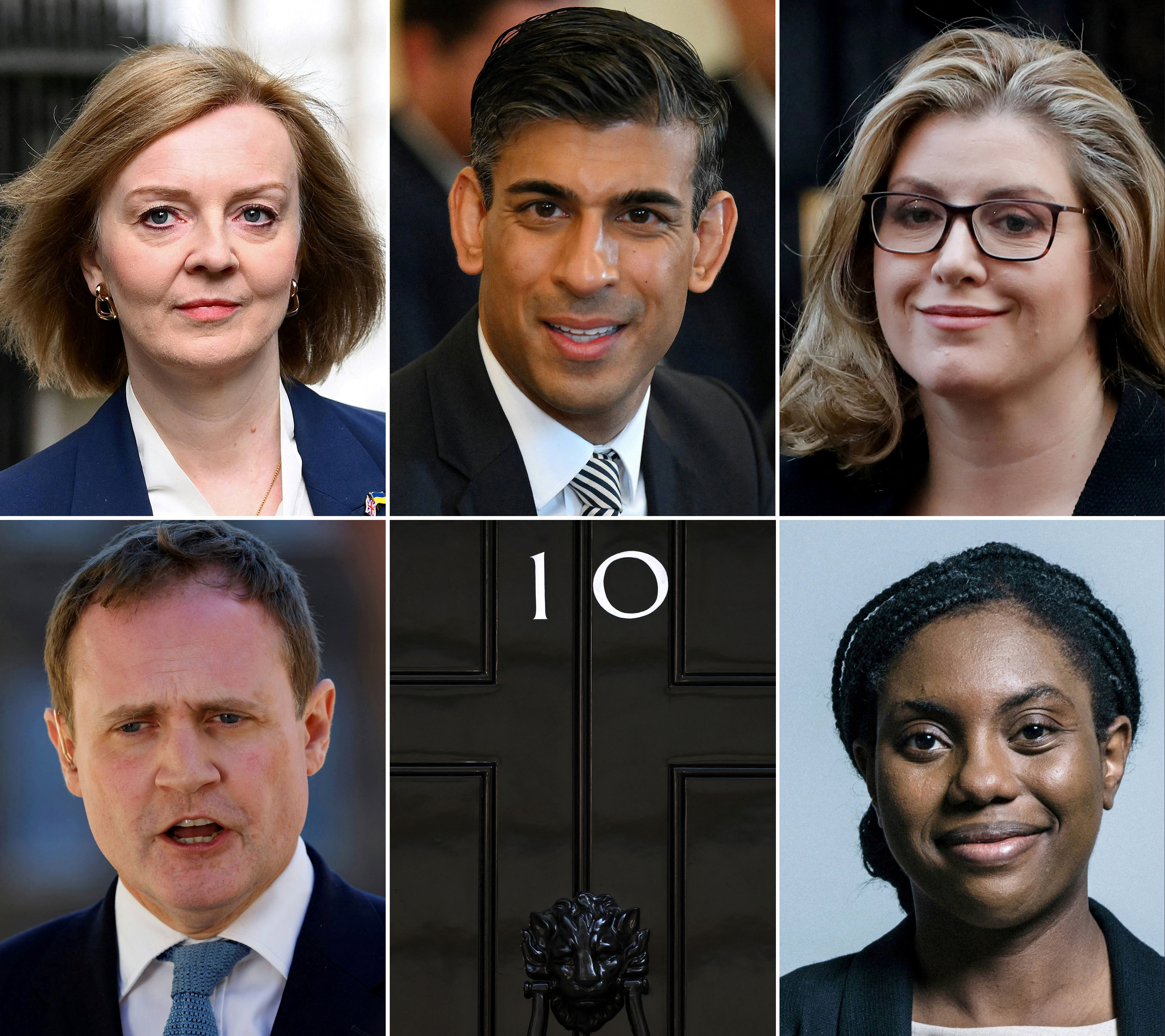 A combination photo showing Liz Truss, Rishi Sunak, Penny Mordaunt, Tom Tugendhat, the black door of No. 10 Downing Street and Kemi Badenoch