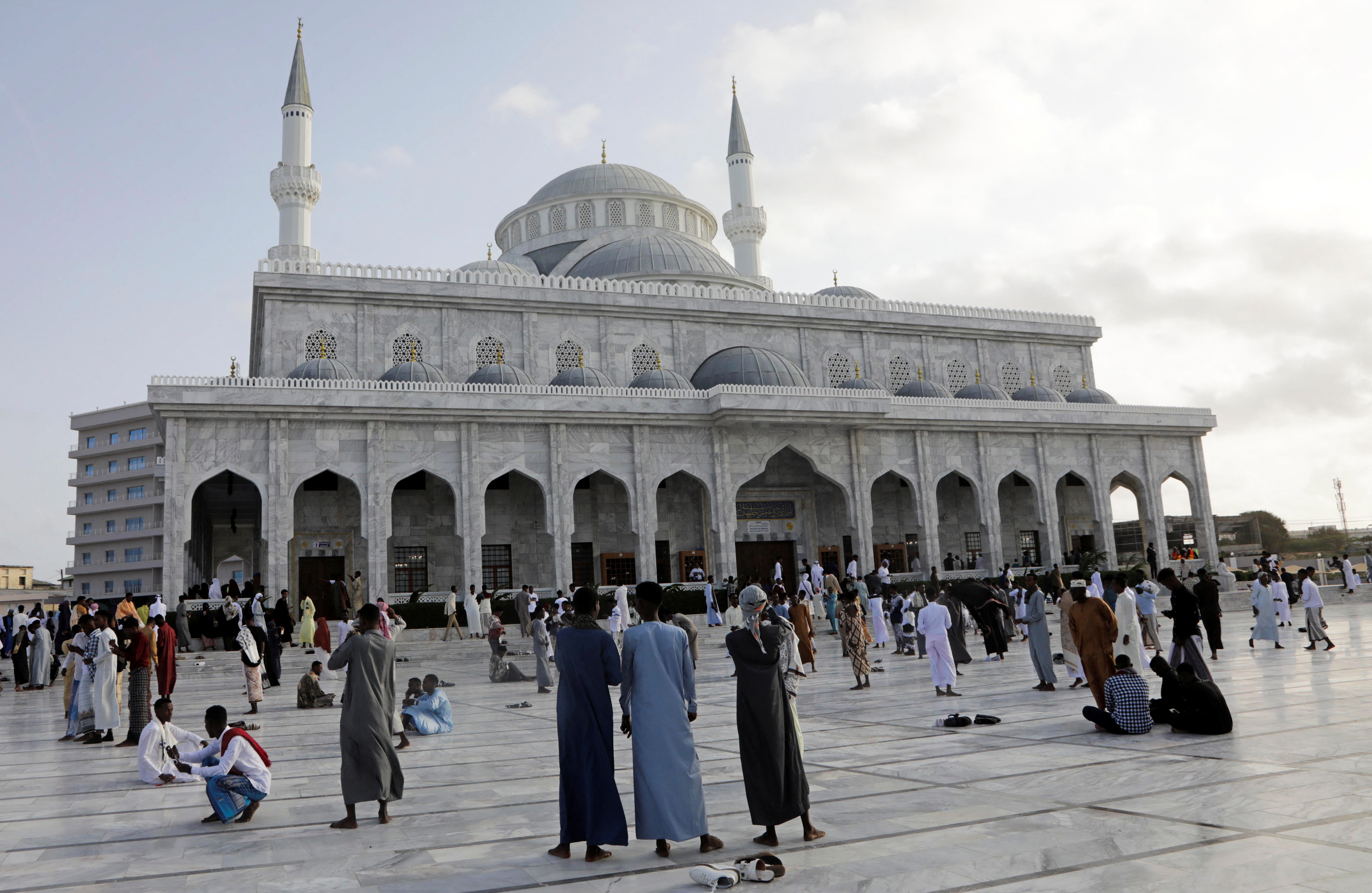 Muslims are seen after their prayers during the Eid al-Adha celebrations at the newly built Ali Jim'ale Mosque in Mogadishu