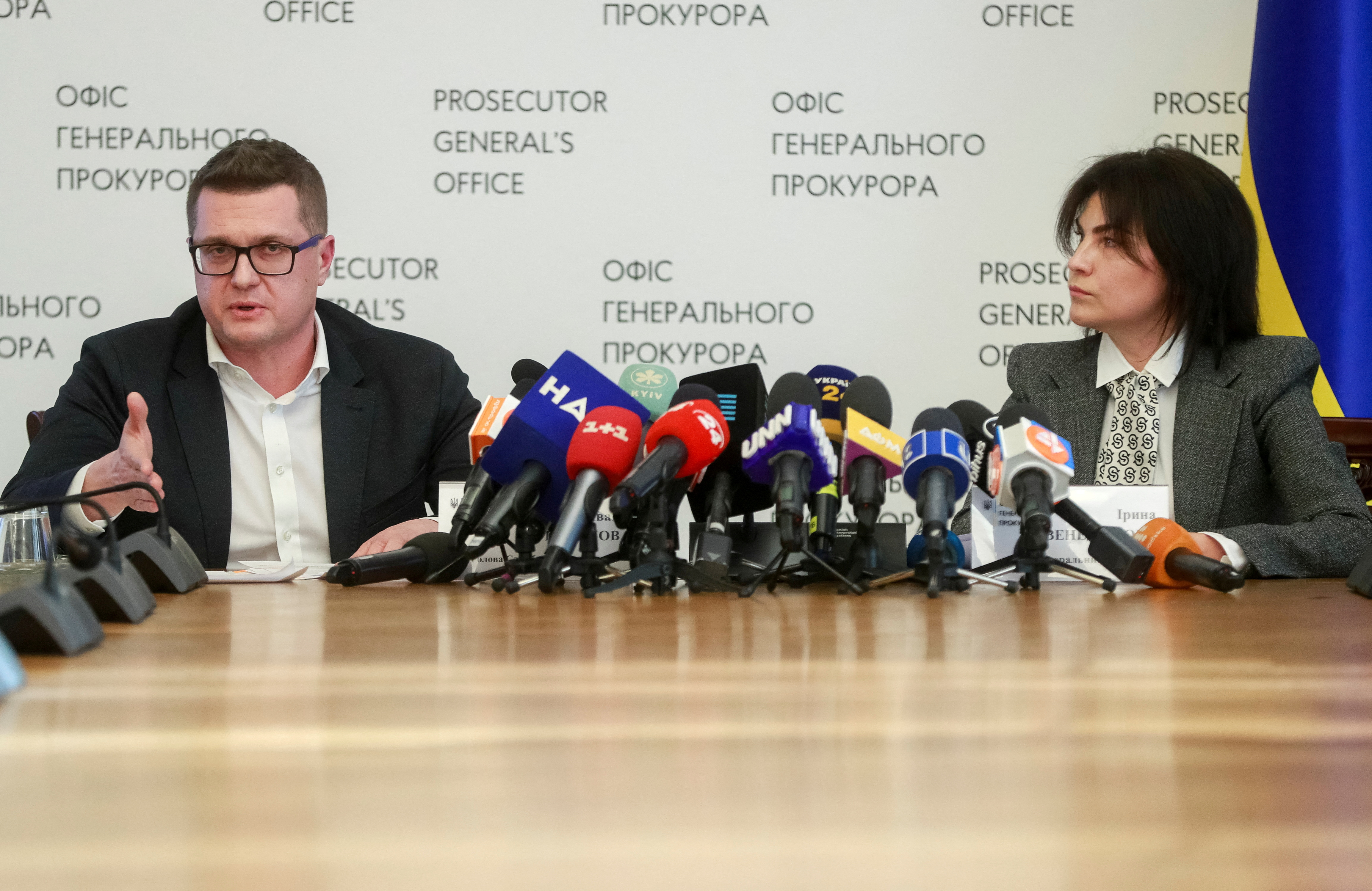 Head of the Security Service of Ukraine (SBU) Ivan Bakanov and Ukraine's Prosecutor General Iryna Venediktova attend a news briefing in Kyiv, Ukraine May 11, 2021.