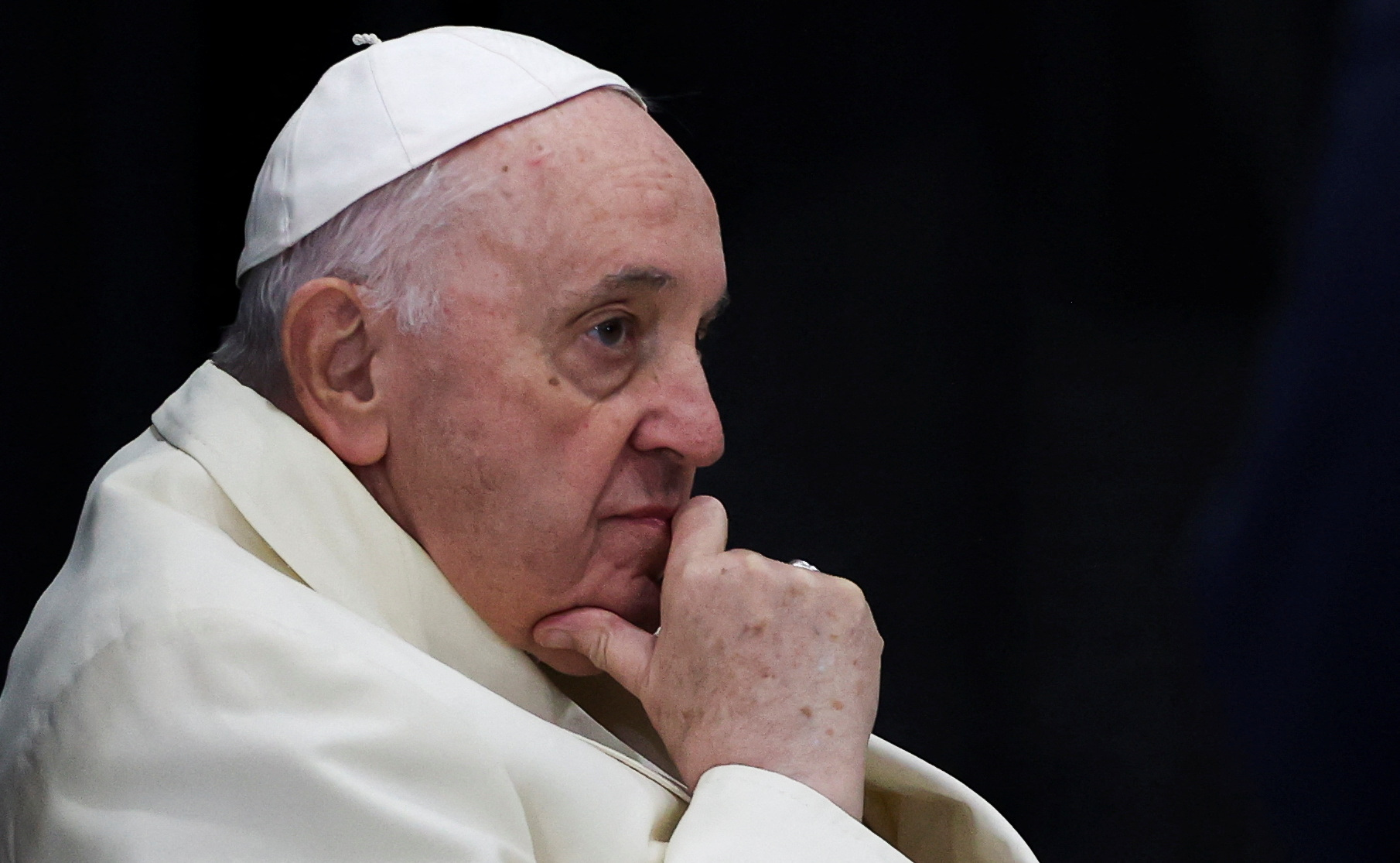 Pope Francis looks on after landing in Iqaluit International Airport, in Iqaluit, Nunavut, Canada.