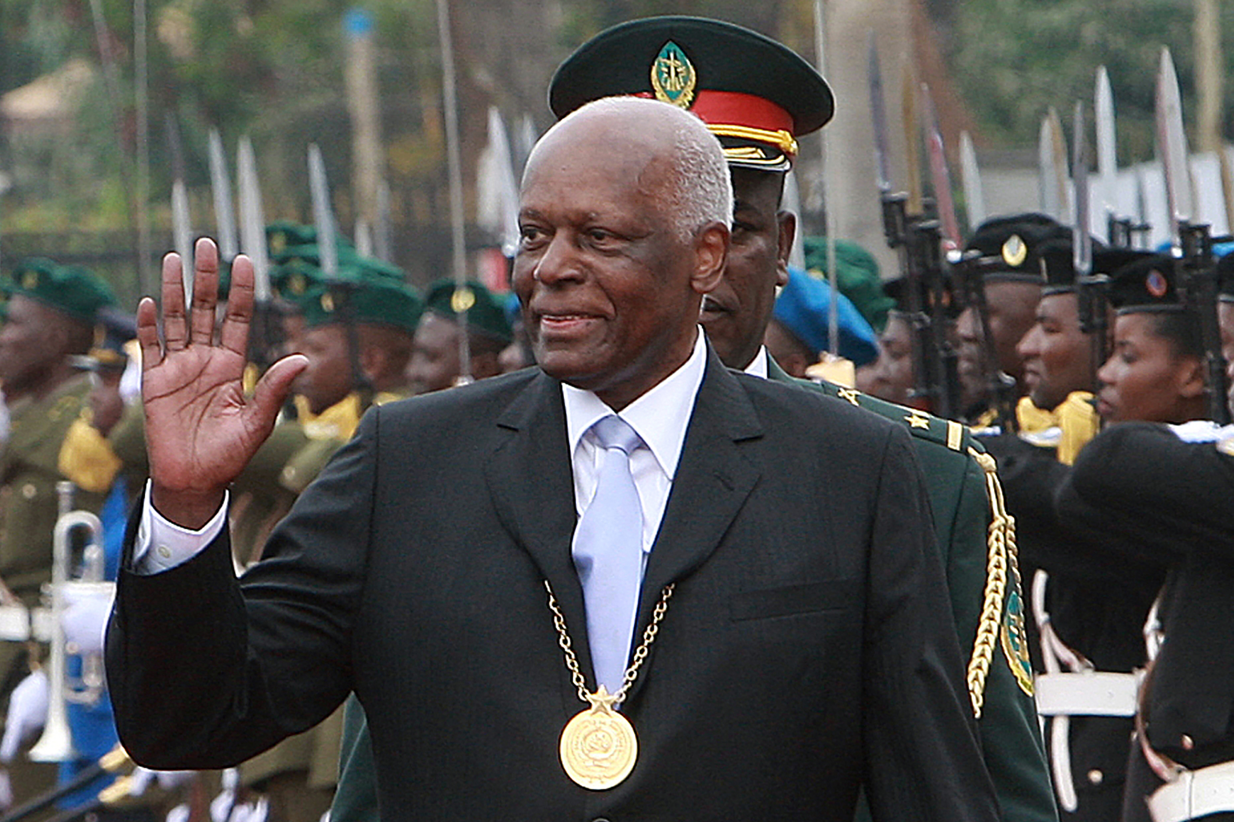 In this file photo taken on September 26, 2017 incumbent Angolan President Jose Eduardo dos Santos waves as he arrives to attend the swearing in ceremony for the newly elected Angolan President in Luanda.