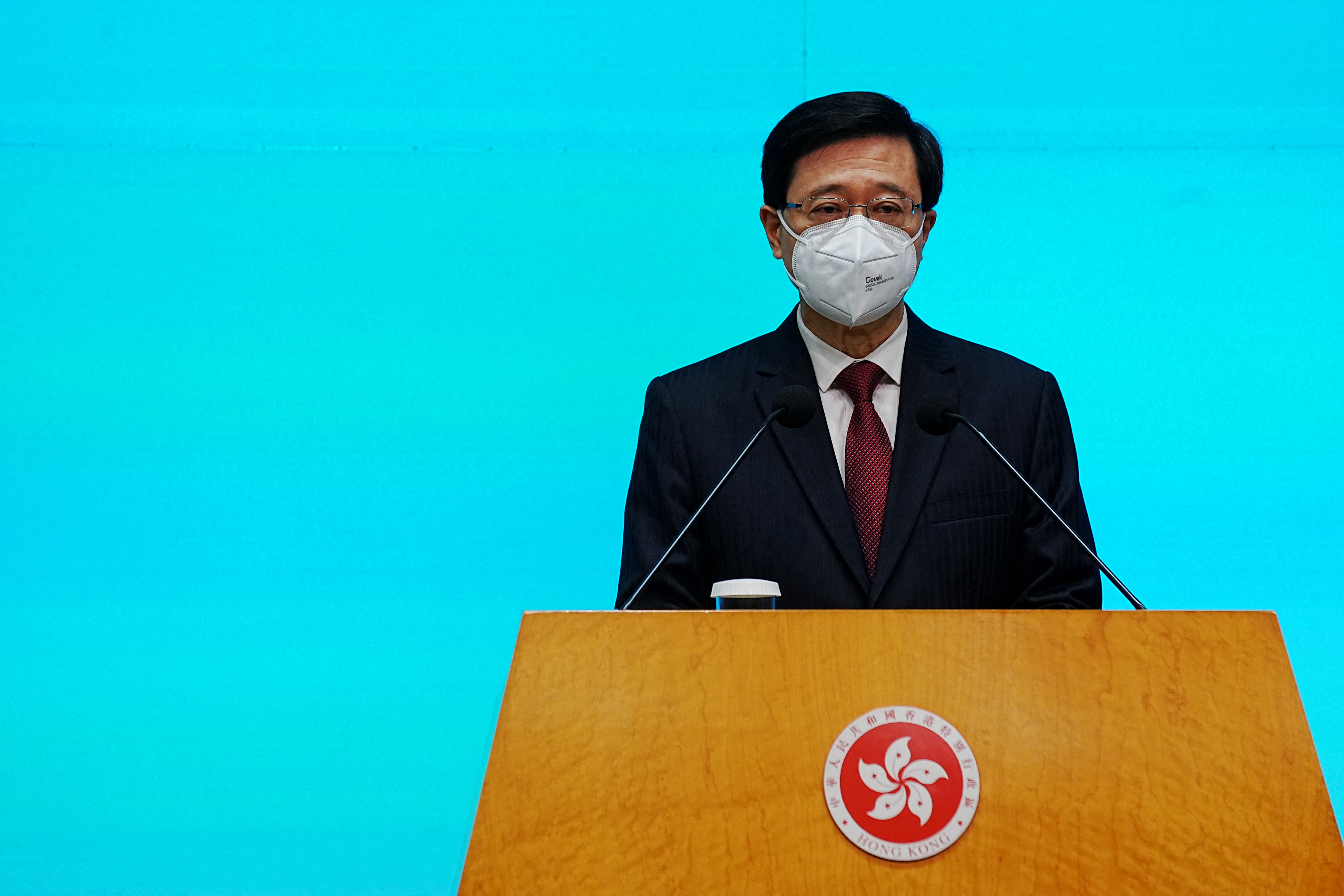 Hong Kong Chief Executive John Lee attends a weekly news conference in Hong Kong, China, in July.