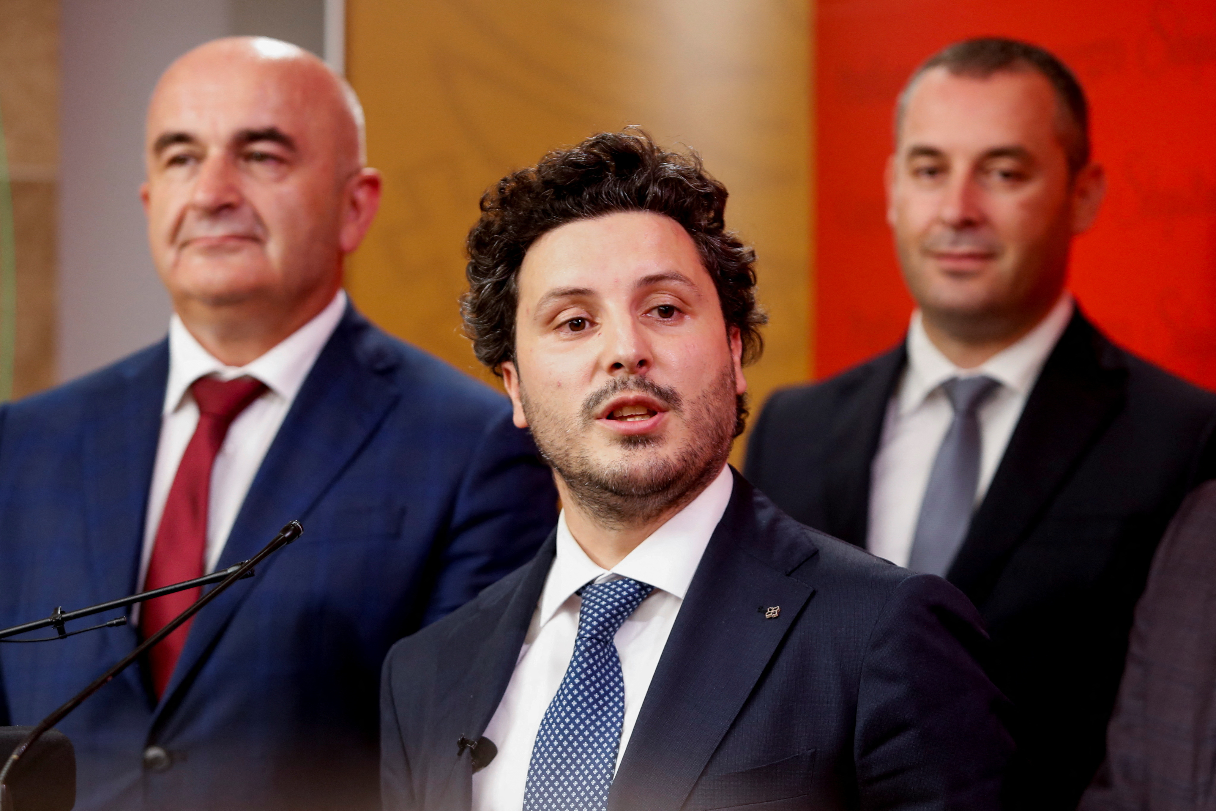 Montenegro's Prime Minister Dritan Abazovic speaks to the media after a no-confidence vote for his minority government passed at the parliament, in Podgorica