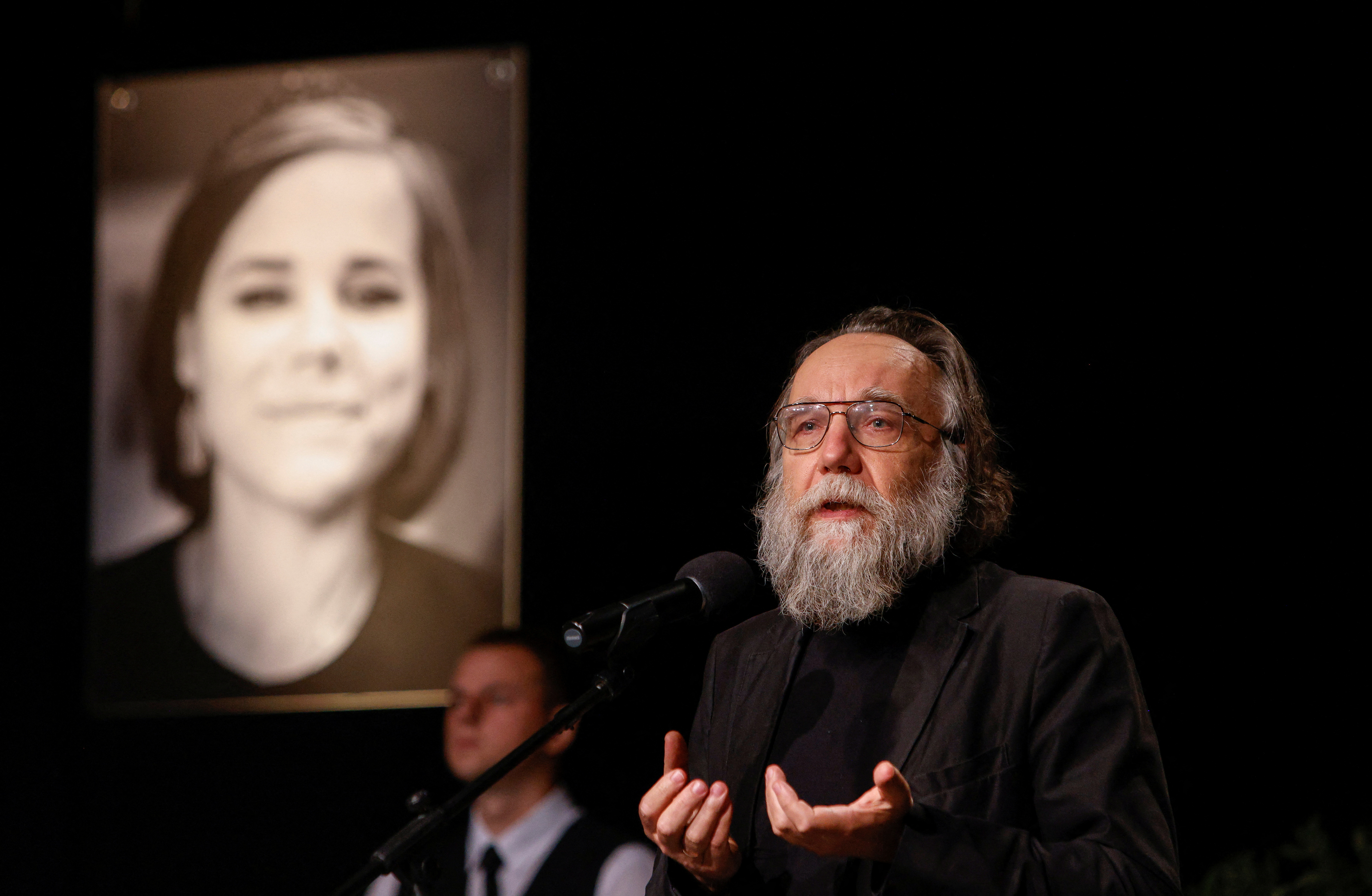 Russian political scientist and ideologue Alexander Dugin delivers a speech during a memorial service for his daughter Darya Dugina, who was killed in a car bomb attack, in Moscow, Russia August 23, 2022. REUTERS/Maxim Shemetov