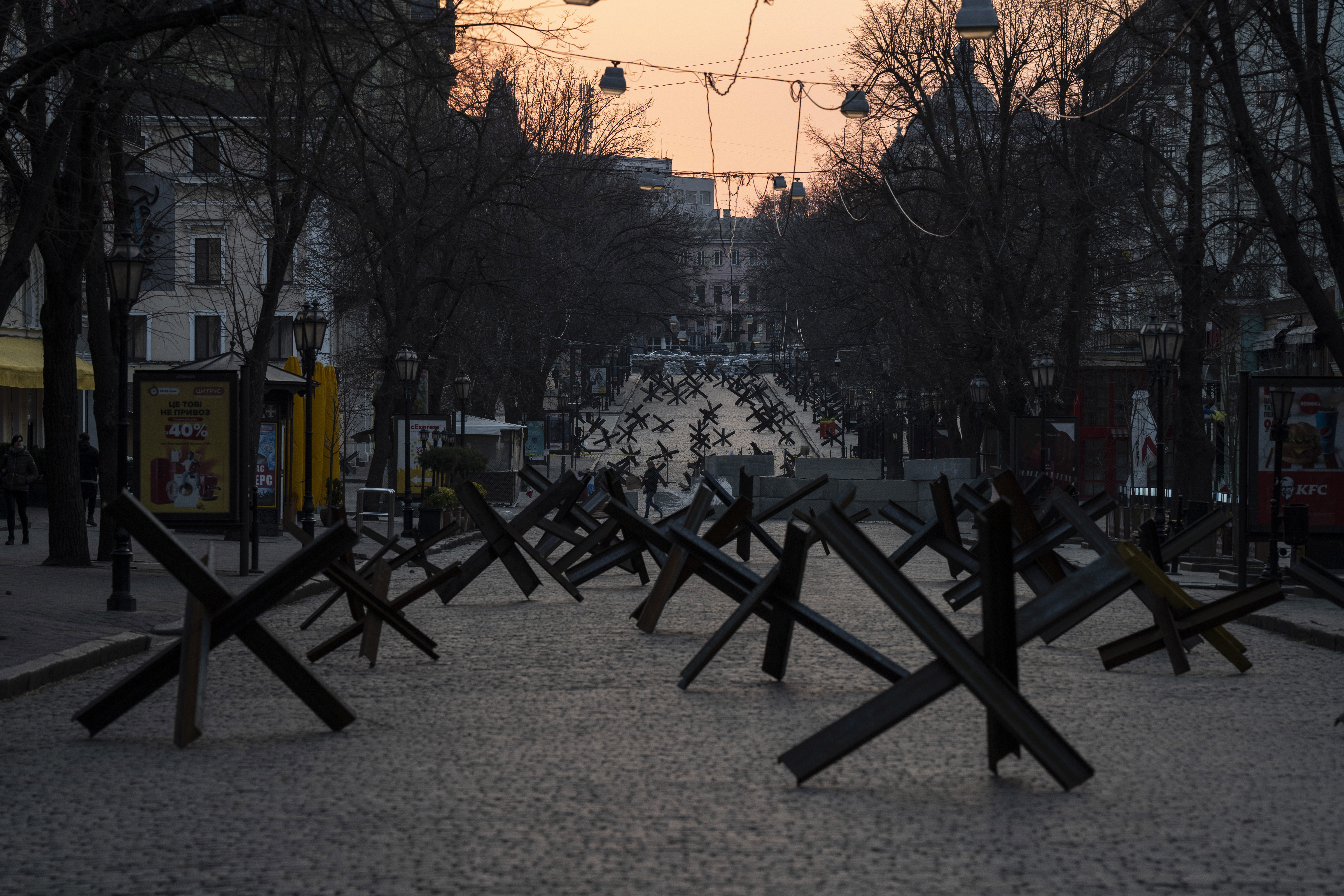 Anti- tank barricades are placed on a street as preparation for a possible Russian offensive, in Odesa, Ukraine
