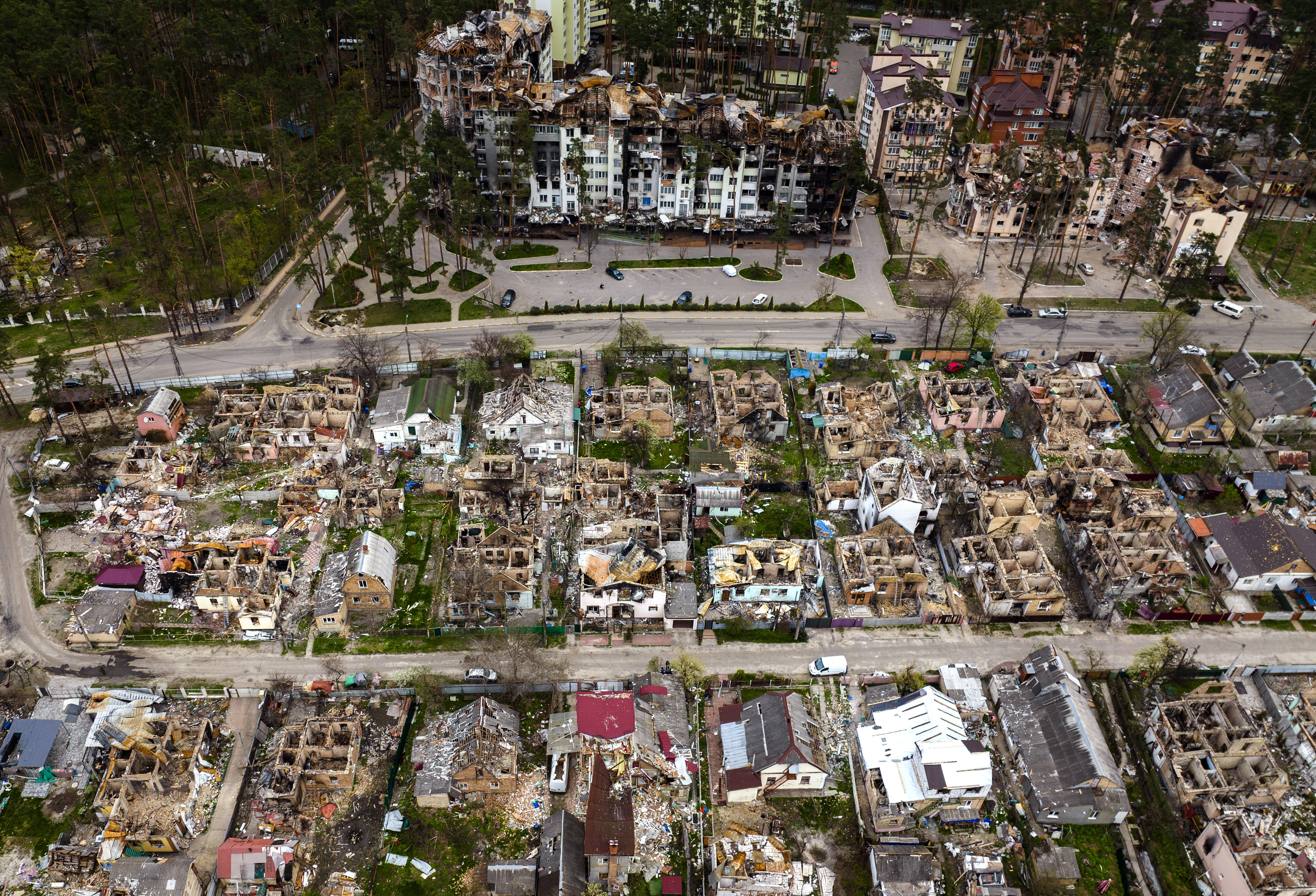 Destroyed houses are photographed in Irpin, on the outskirts of Kyiv, Ukraine