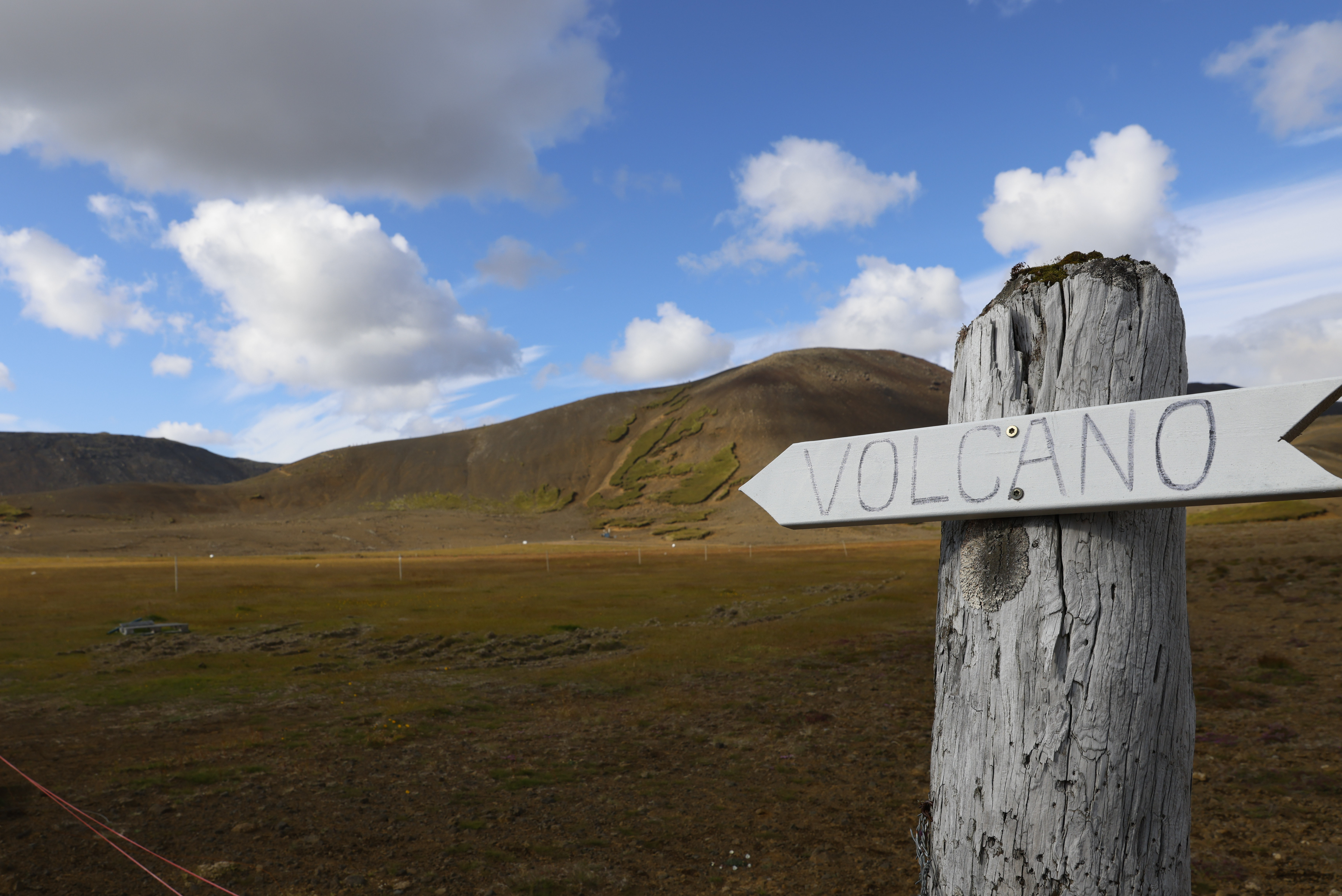 A sign points the way to Fagradalsfjall volcano in Iceland