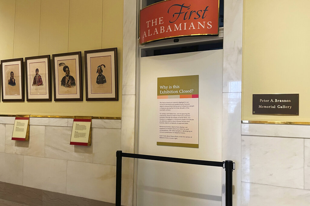 The entrance to the to an exhibit about Native Americans in Alabama is closed to the public at the Alabama Department of Archives and History in Montgomery, Alabama, on Thursday, Aug. 11, 2022 [Kim Chandler/AP]