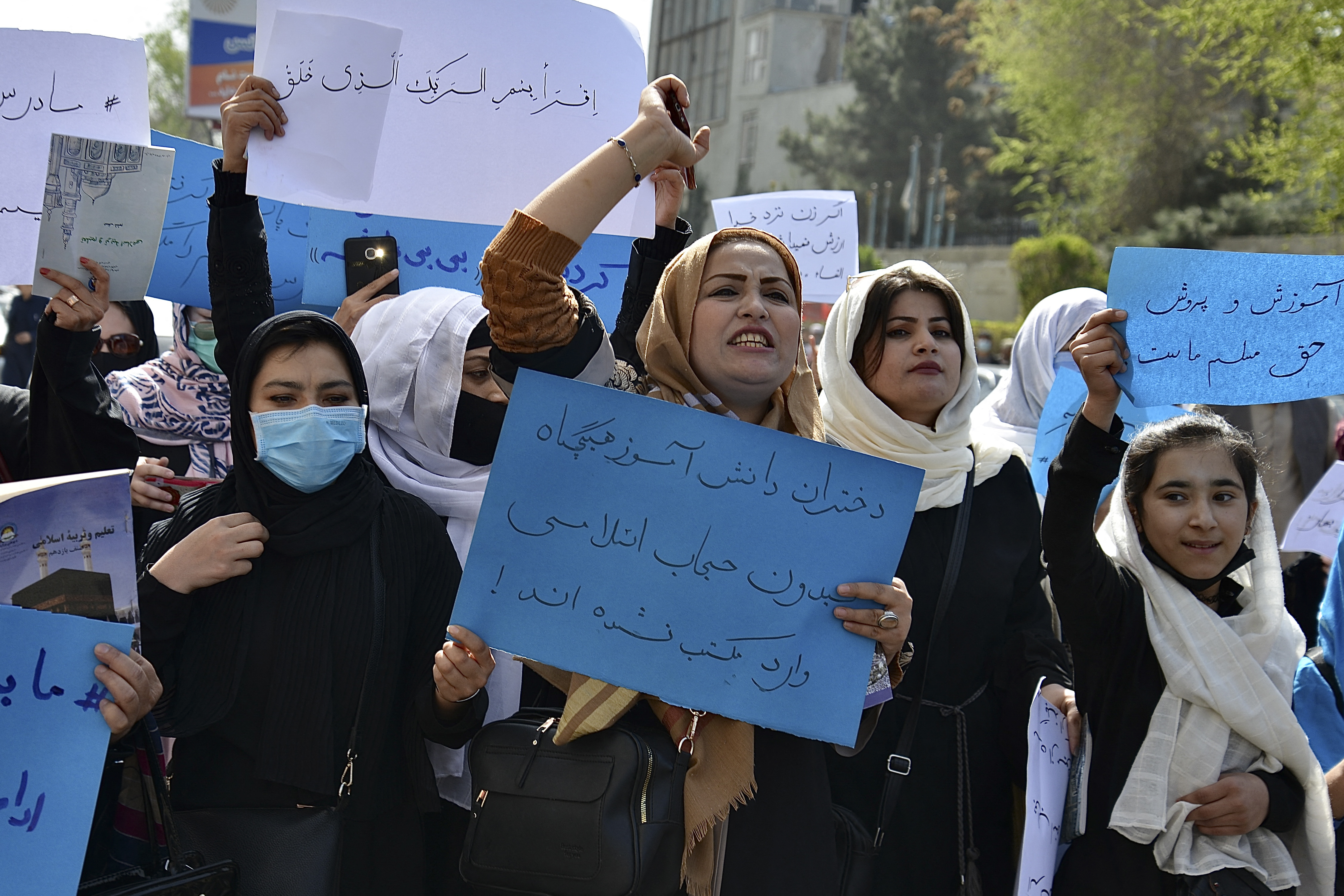 Afghan women and girls took part in a protest in front of the Ministry of Education in Kabul in March