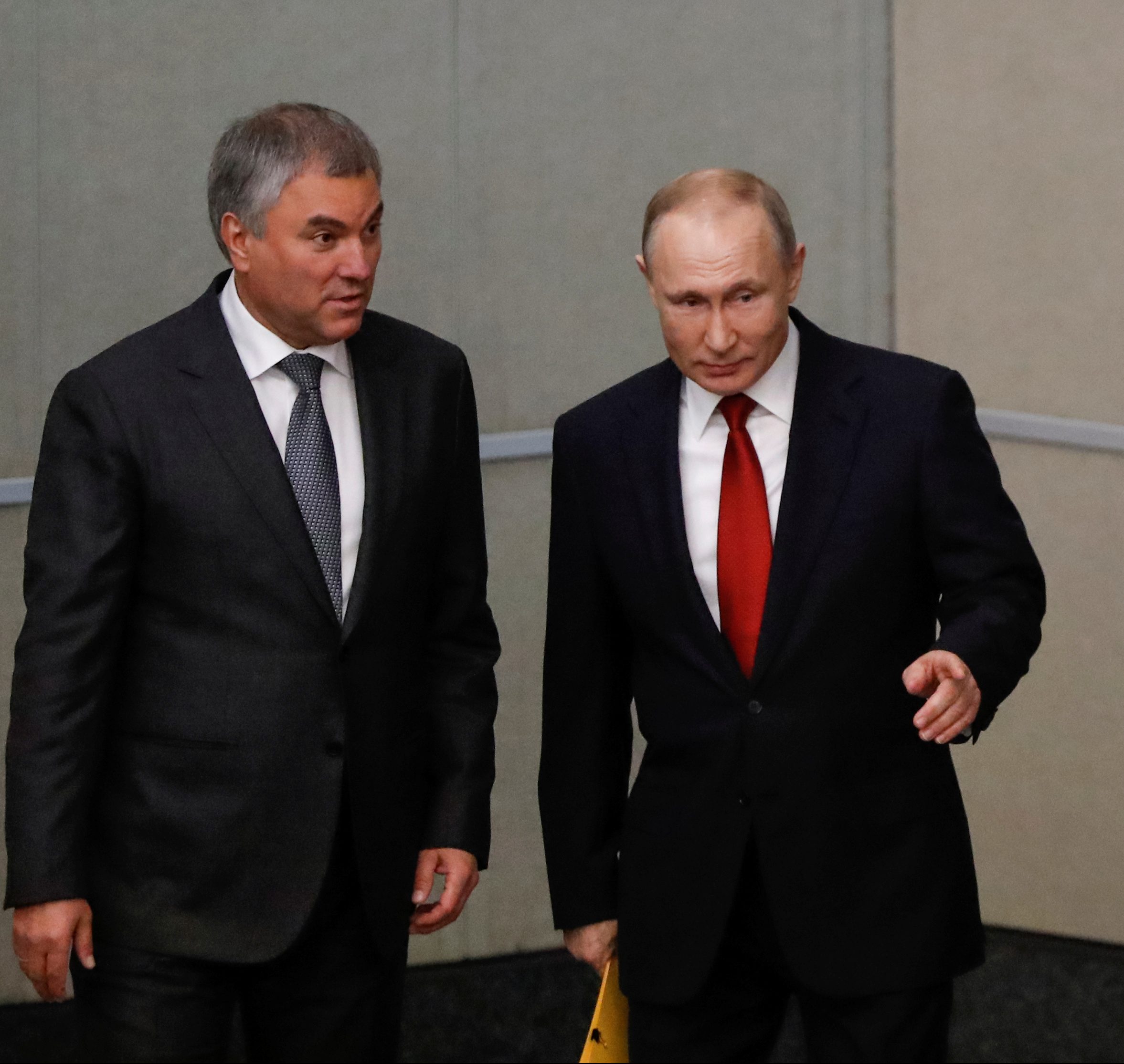 Russia's President Vladimir Putin speaks with State Duma Speaker Vyacheslav Volodin
