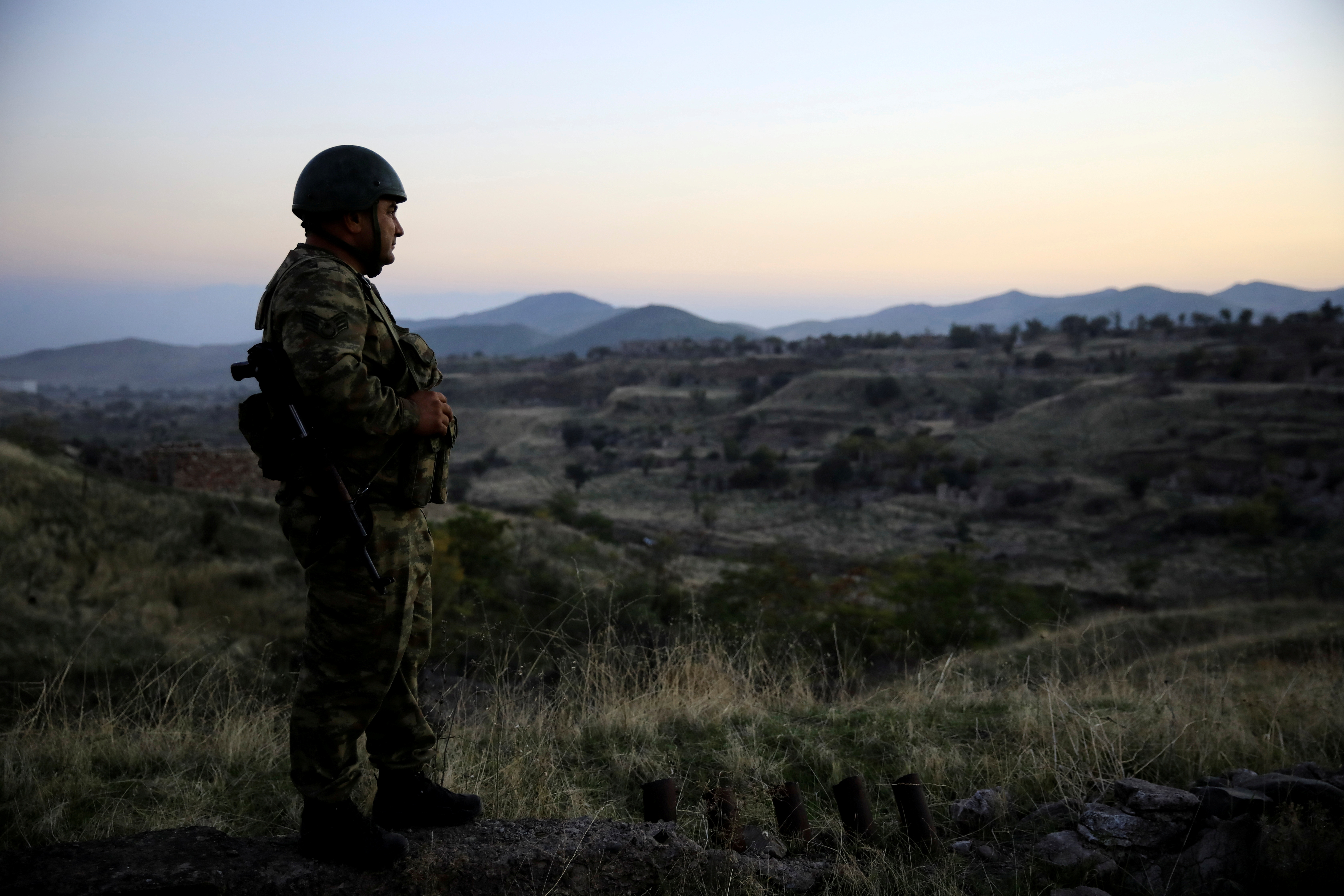An Azeri soldier is seen standing guard