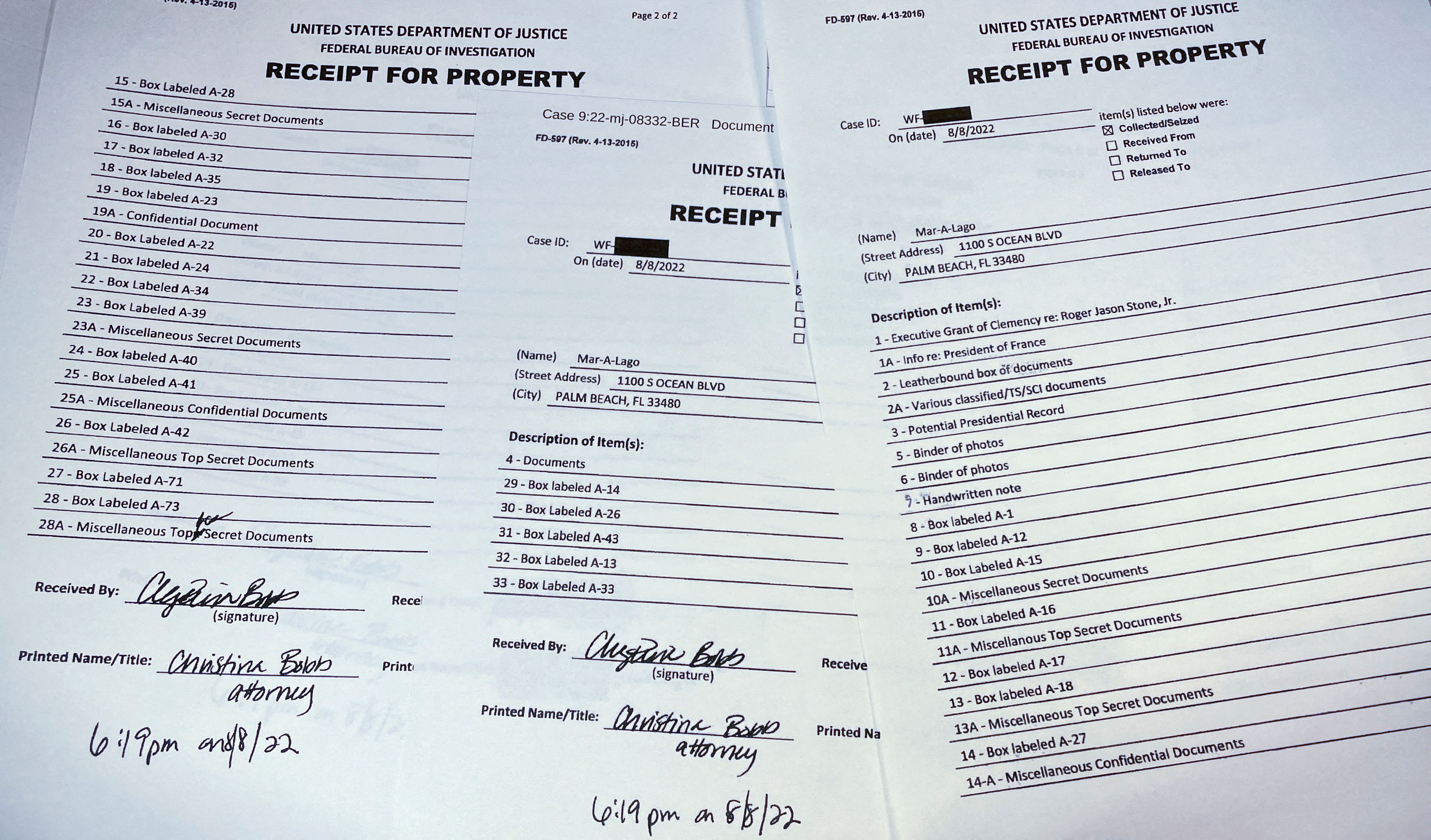 Close up of the inventory of items seized in the August 8 raid at Mar-a-Lago, including boxes of 'Top Secret' documents.