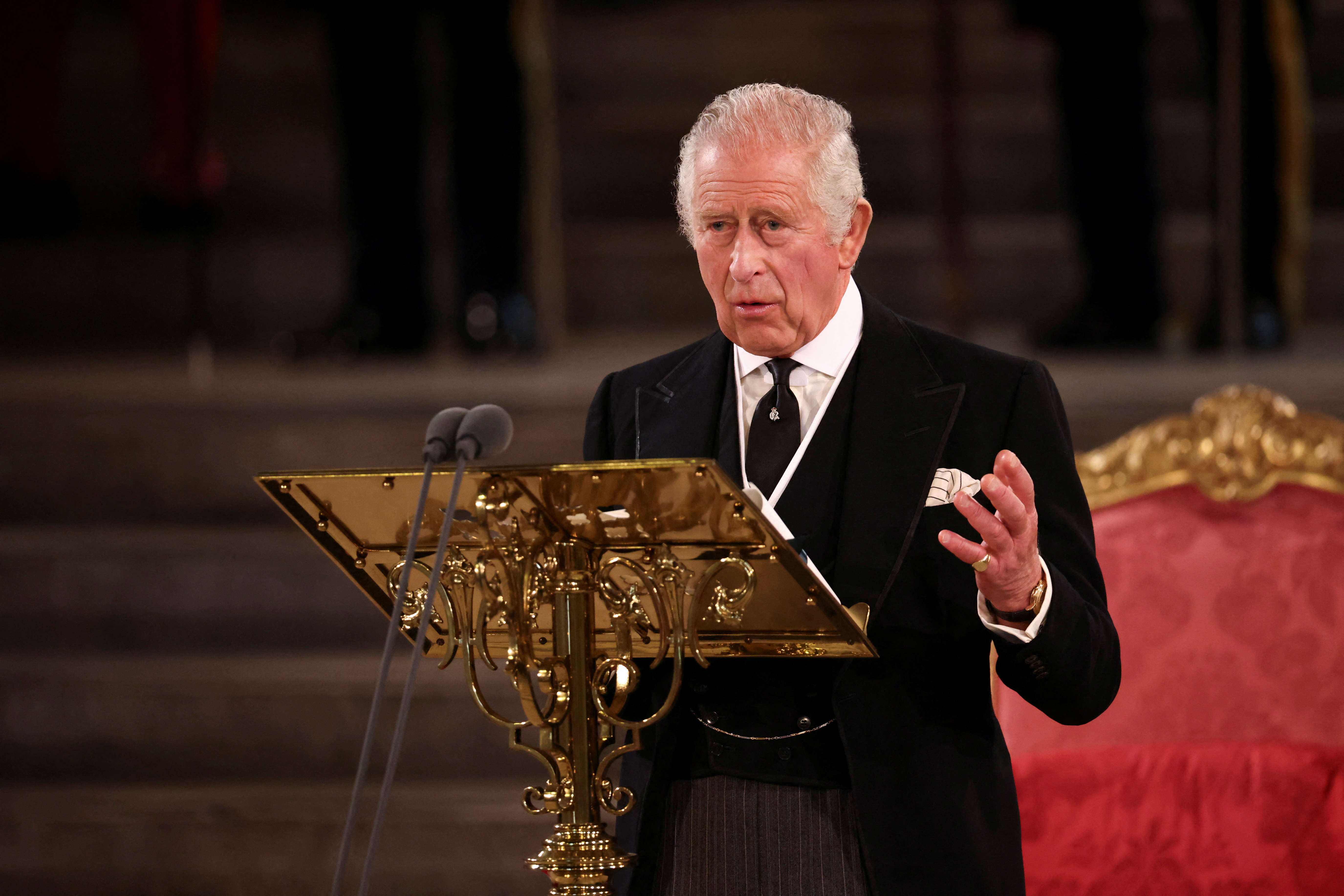 Britain's King Charles makes an address at Westminster Hall