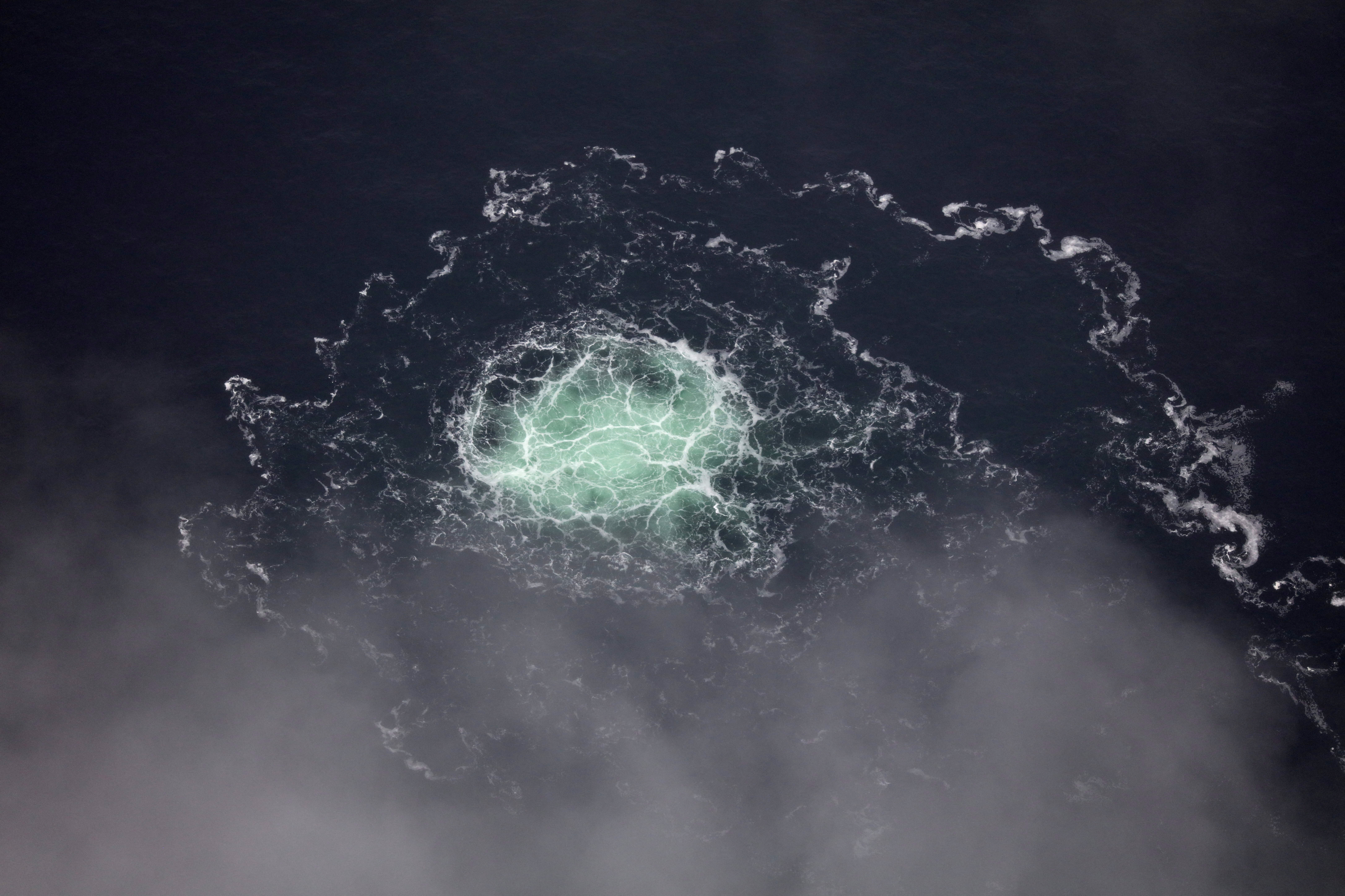A gas leak from Nord stream 2 is seen in the Swedish economic zone in the Baltic Sea in this picture taken from the Swedish Coast Guard aircraft