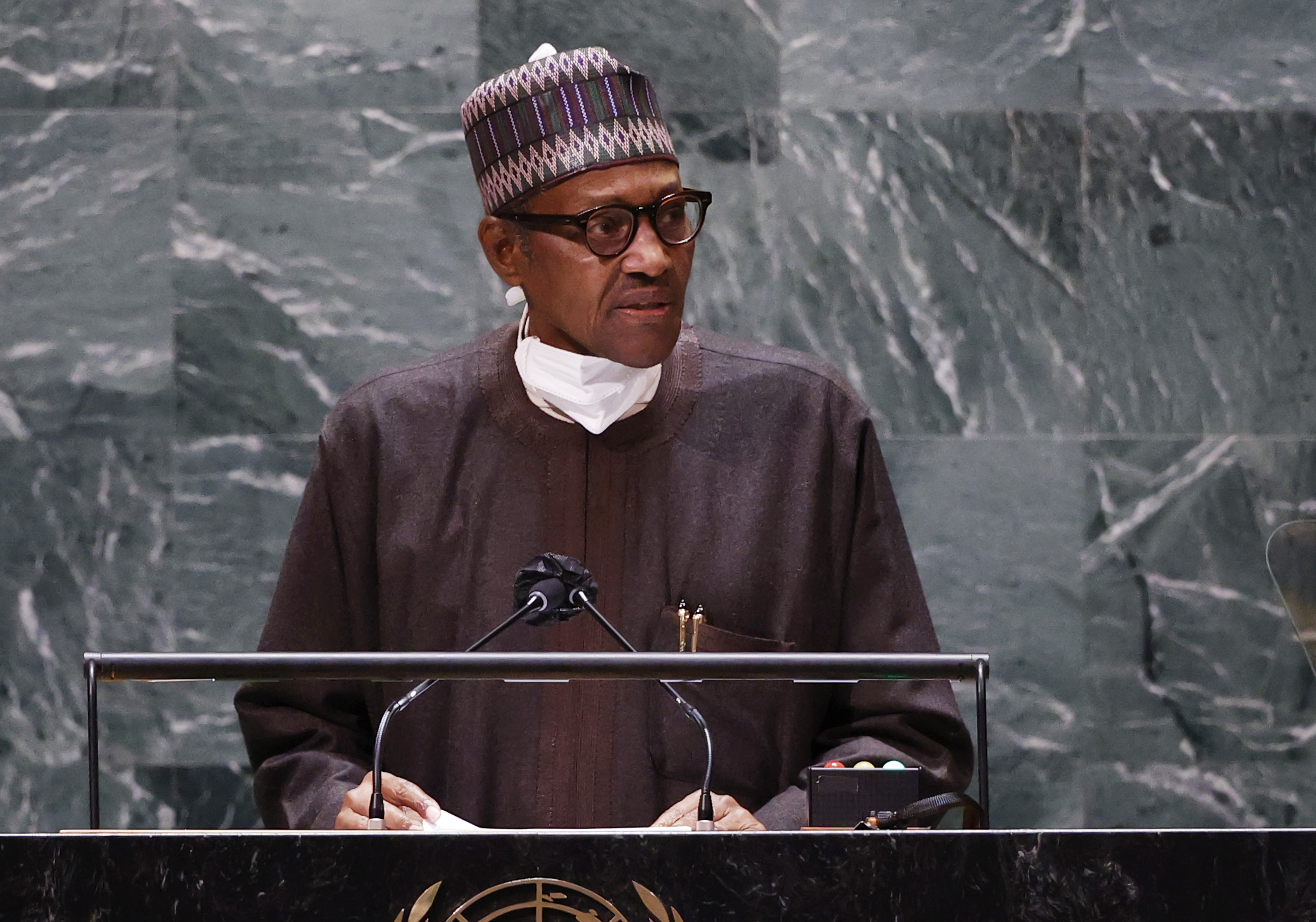 The late President of Nigeria, Muhammadu Buhari addresses the 76th Session of the U.N General Assembly at United Nations headquarters in New York, on September 24, 2021. [John Angelillo/AP)]