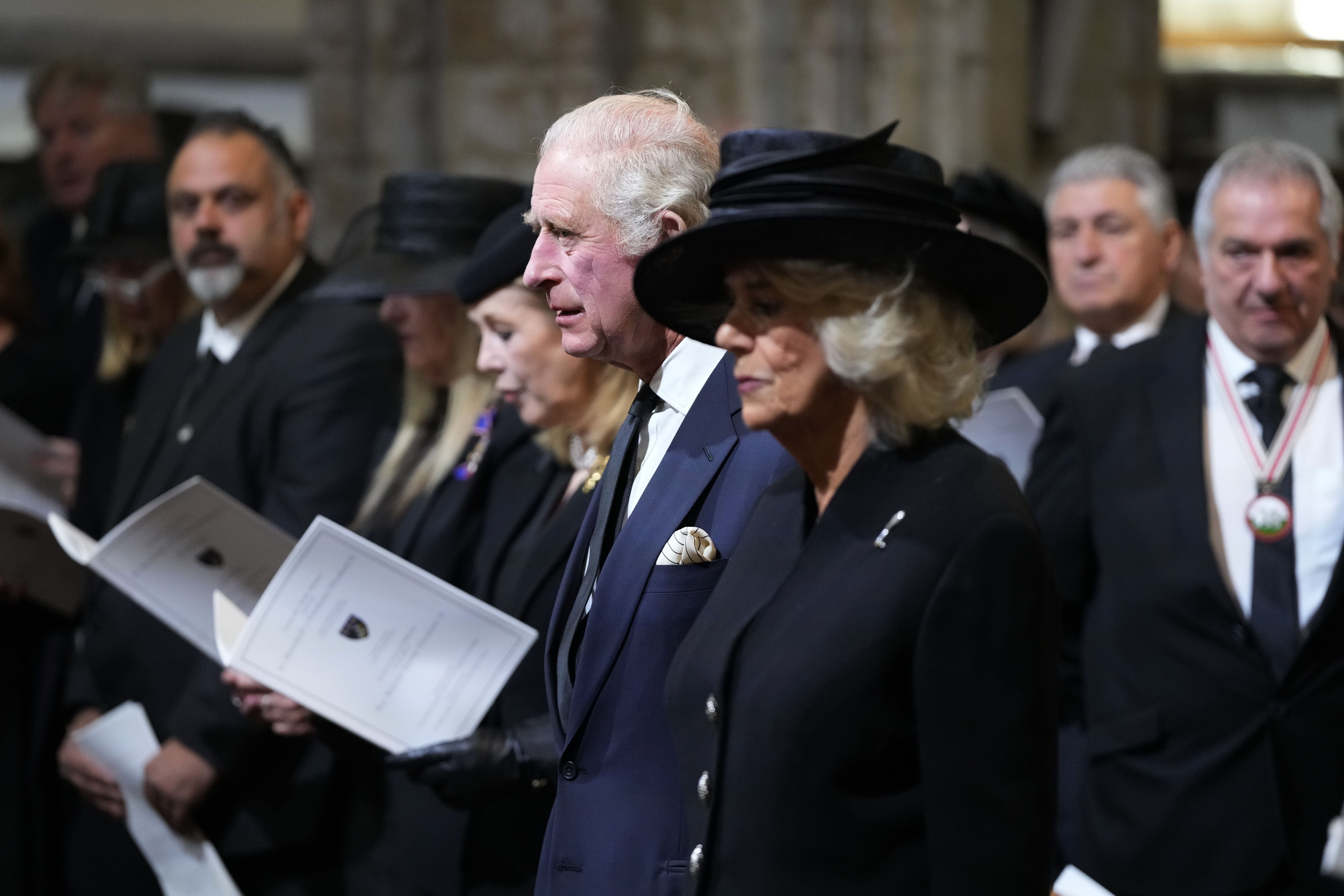 Britain's King Charles III and Camilla, the Queen Consort arrive for a Service of Prayer and Reflection for the life of Queen Elizabeth II, at Llandaff Cathedral in Cardiff