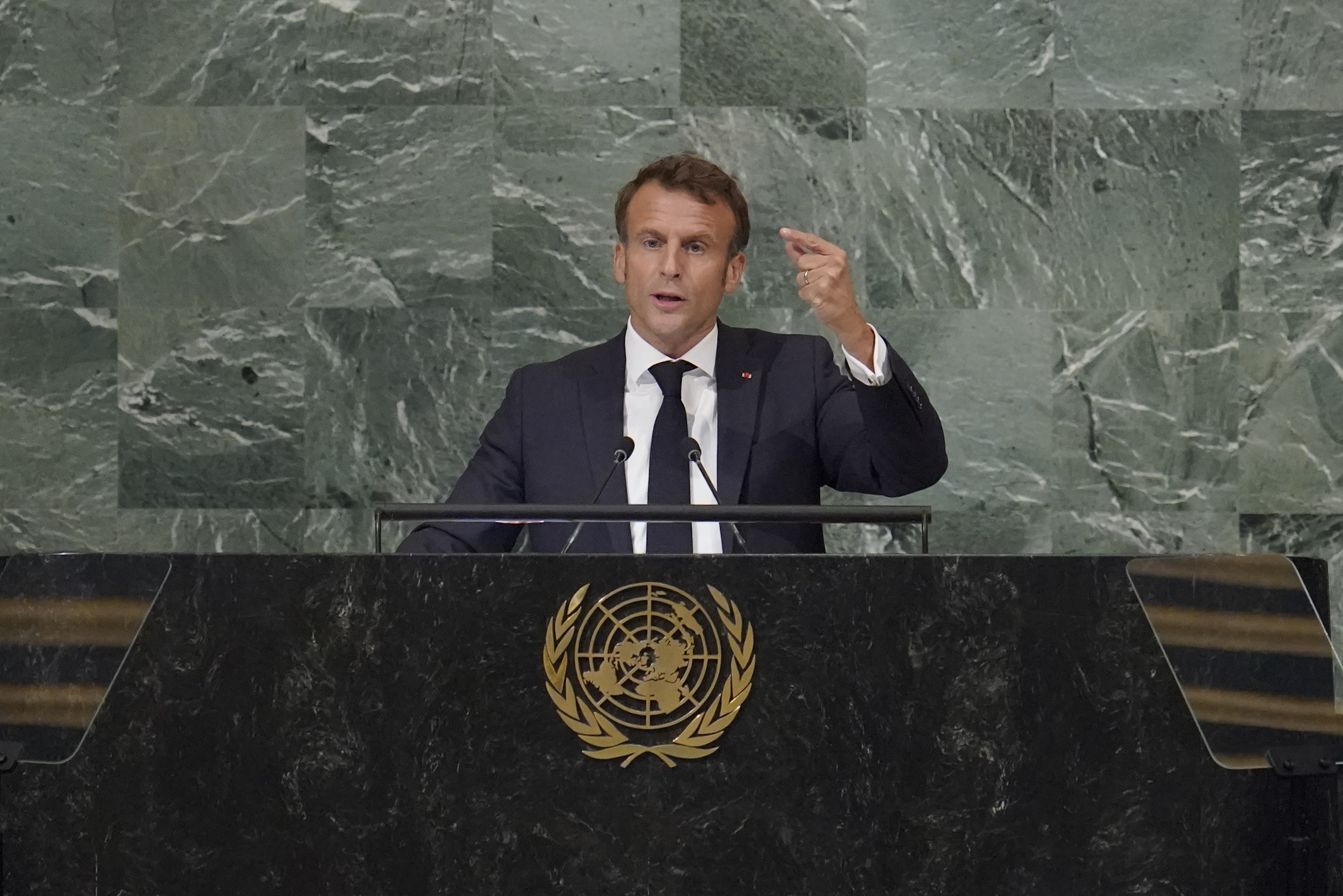 President of France Emmanuel Macron addresses the 77th session of the UNGA.