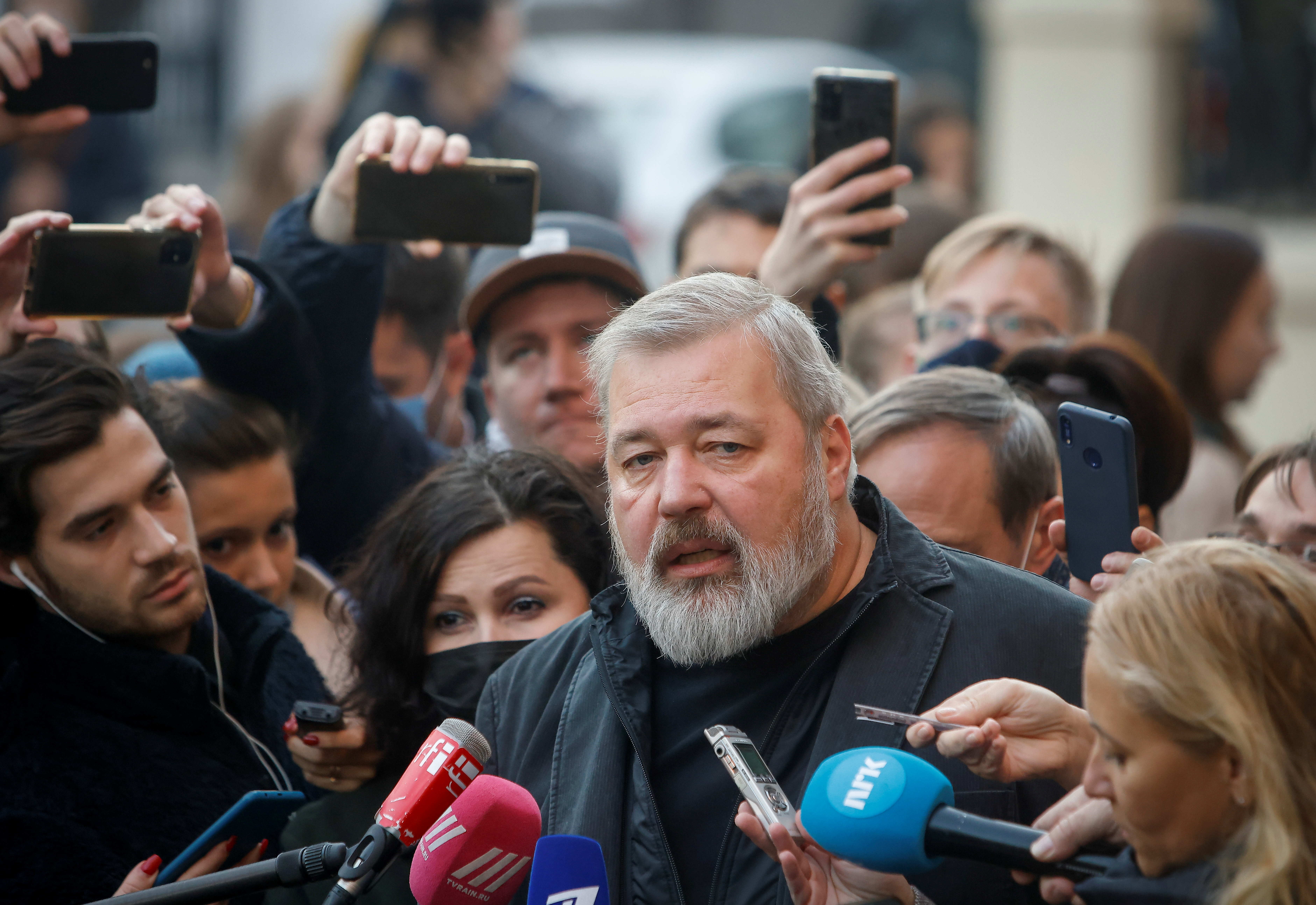 Russian investigative newspaper Novaya Gazeta's editor-in-chief Dmitry Muratov, one of 2021 Nobel Peace Prize winners, speaks with journalists in Moscow