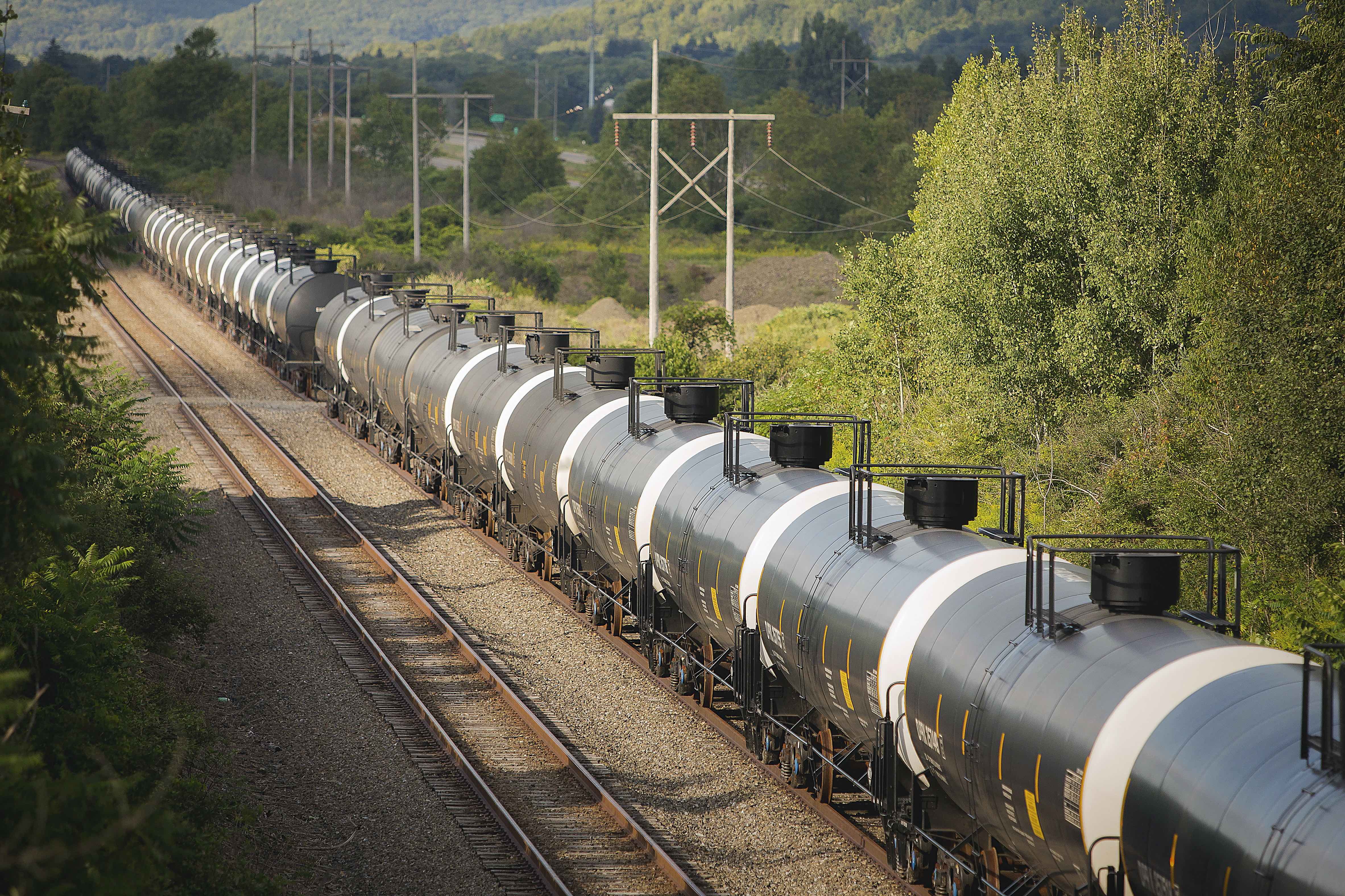 Unused oil tank cars are pictured on Western New York & Pennsylvania Railroad tracks outside Hinsdale, New York