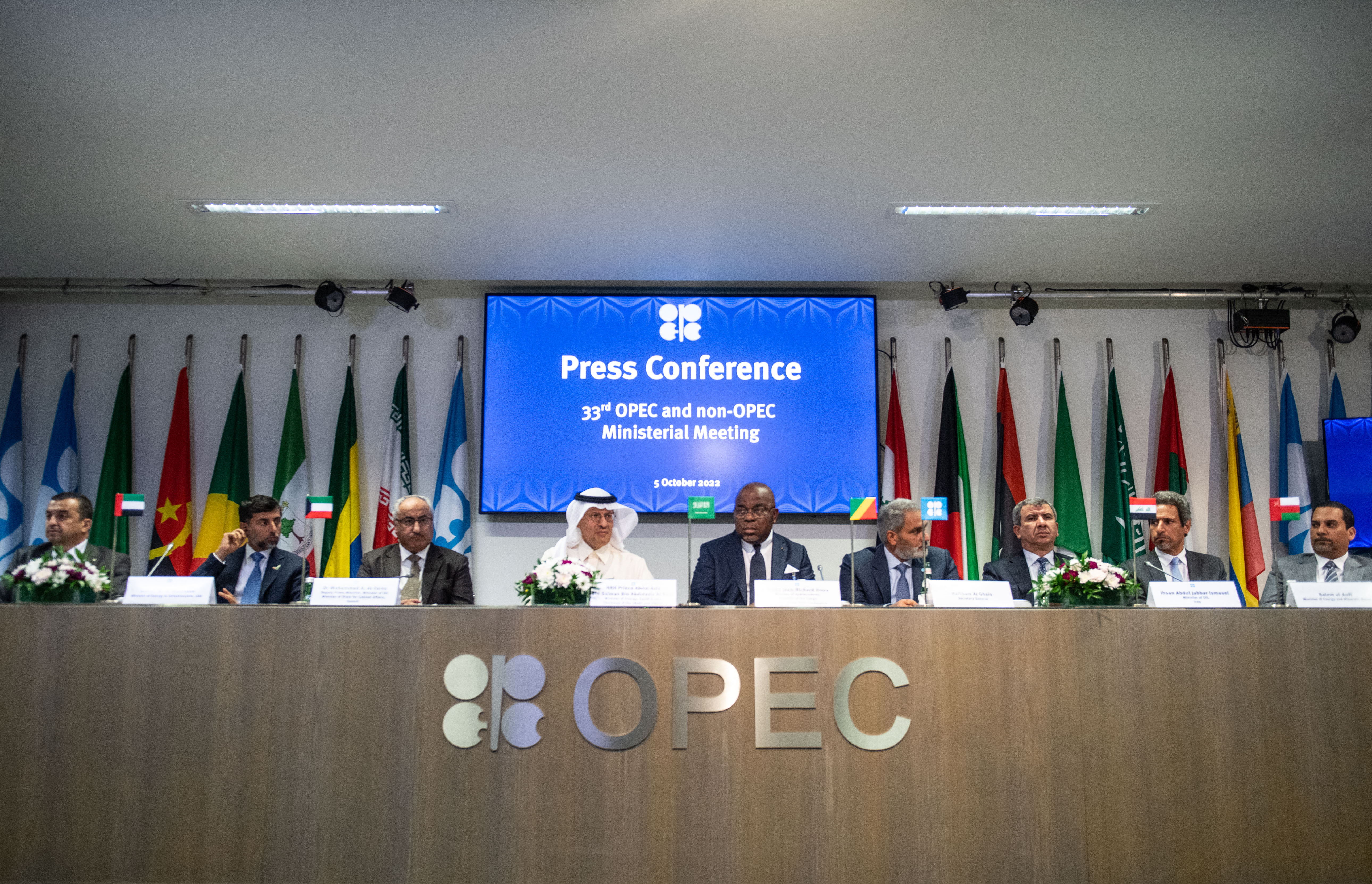 Representatives of OPEC member countries attend a press conference after the 45th Joint Ministerial Monitoring Committee and the 33rd OPEC and non-OPEC Ministerial Meeting in Vienna, Austria.