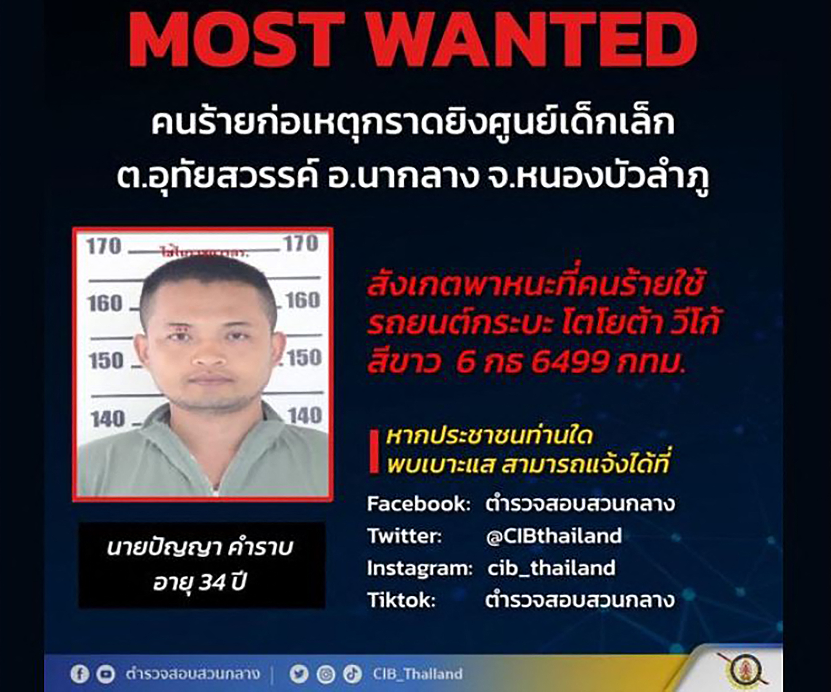 The Facebook page of Thailand's Central Investigation Bureau shows a picture of former policeman Panya Khamrab, who is believed to have killed at least 30 people in a nursery in the northern Thai province of Nong Bua Lam Phu. - At least 30 people are dead including many children [Thailand's Central Investigation Bureau/AFP]