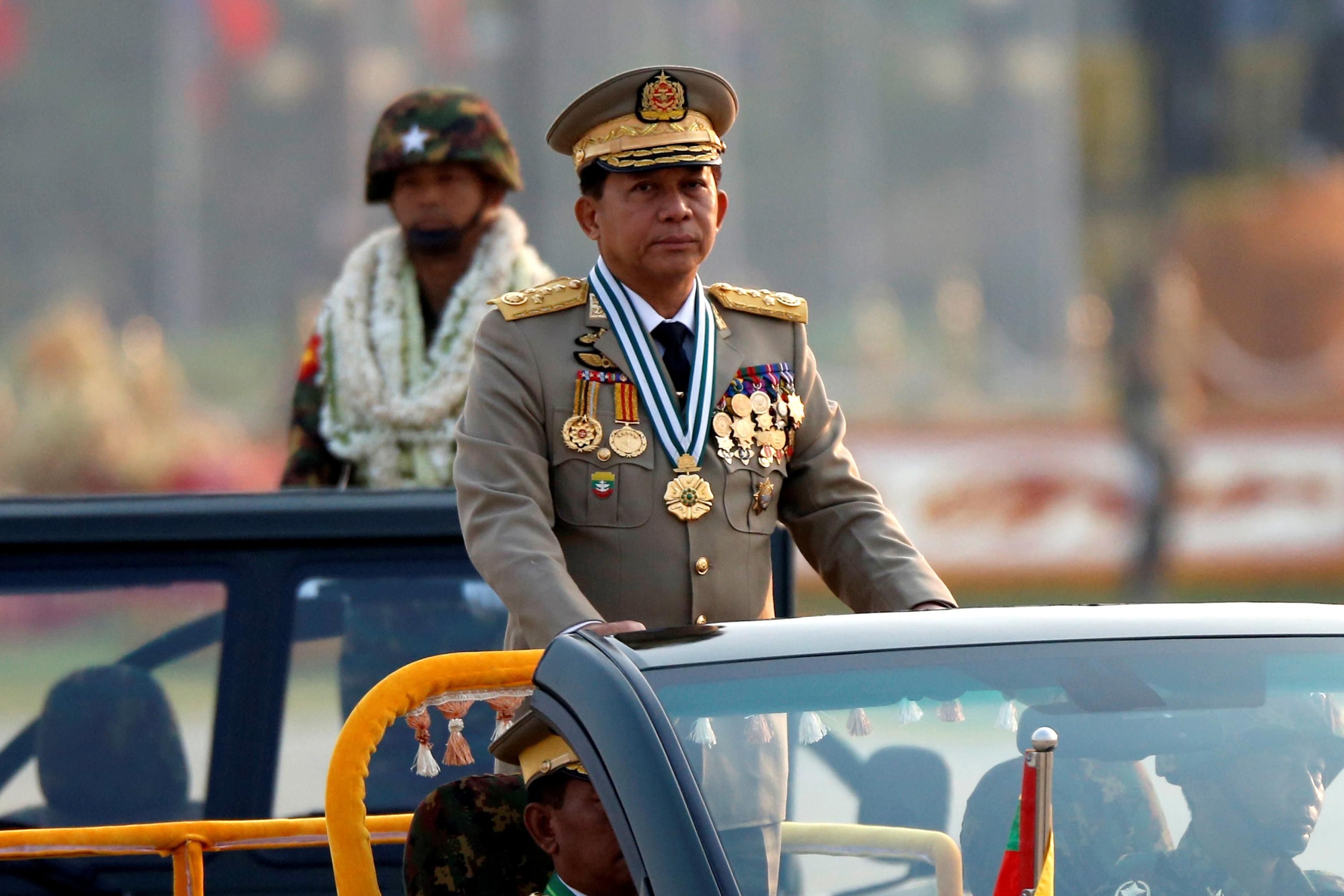 Myanmar's General Min Aung Hlaing takes part during a parade to mark the 72nd Armed Forces Day in the capital Naypyitaw, Myanmar in 2017 [Soe Zeya Tun/Reuters]