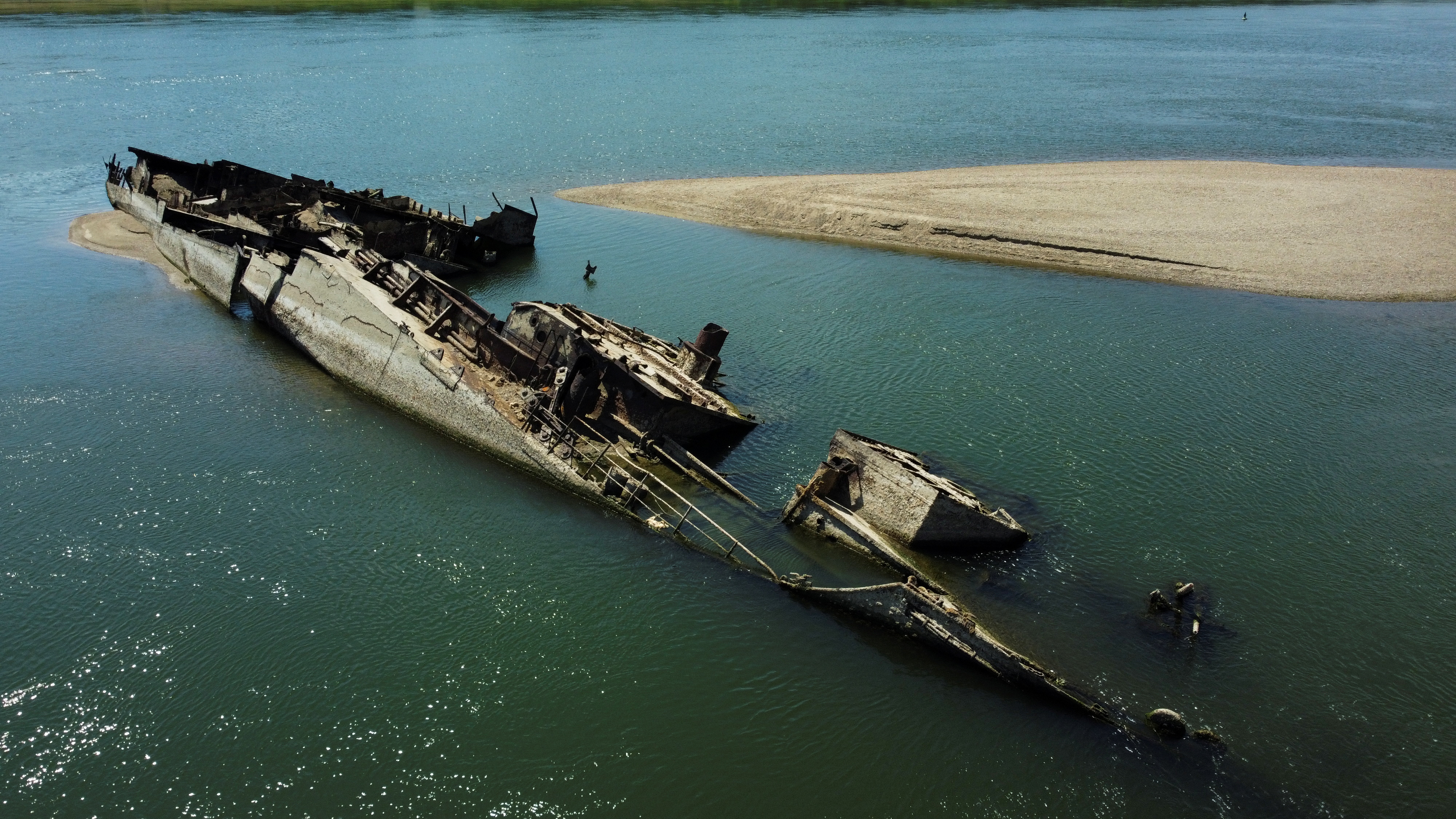 Wreckage of a Nazi war ship in the Danube